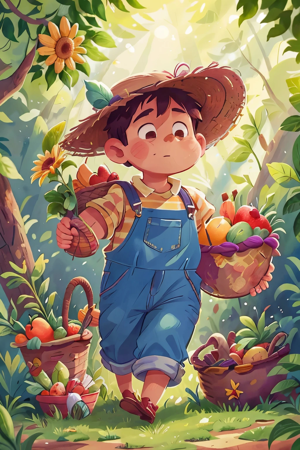 Farmer character, dressed in overalls and a sun hat, moves through a lush Disney-style garden. His rosy cheeks are squeezed between the lines on his face, giving him a kind and jolly appearance. He carries a woven basket brimming with ripe fruits and colorful vegetables. His broad shoulders and sturdy build exude the strength and resilience of a seasoned farmer. The sunlight filters through the leaves of the trees, casting a warm and gentle glow on the scene. The earth beneath his feet is rich and fertile, promising a bountiful harvest. The farmer hums a contented tune, the sound of it mingling with the songs of birds in the background. The id