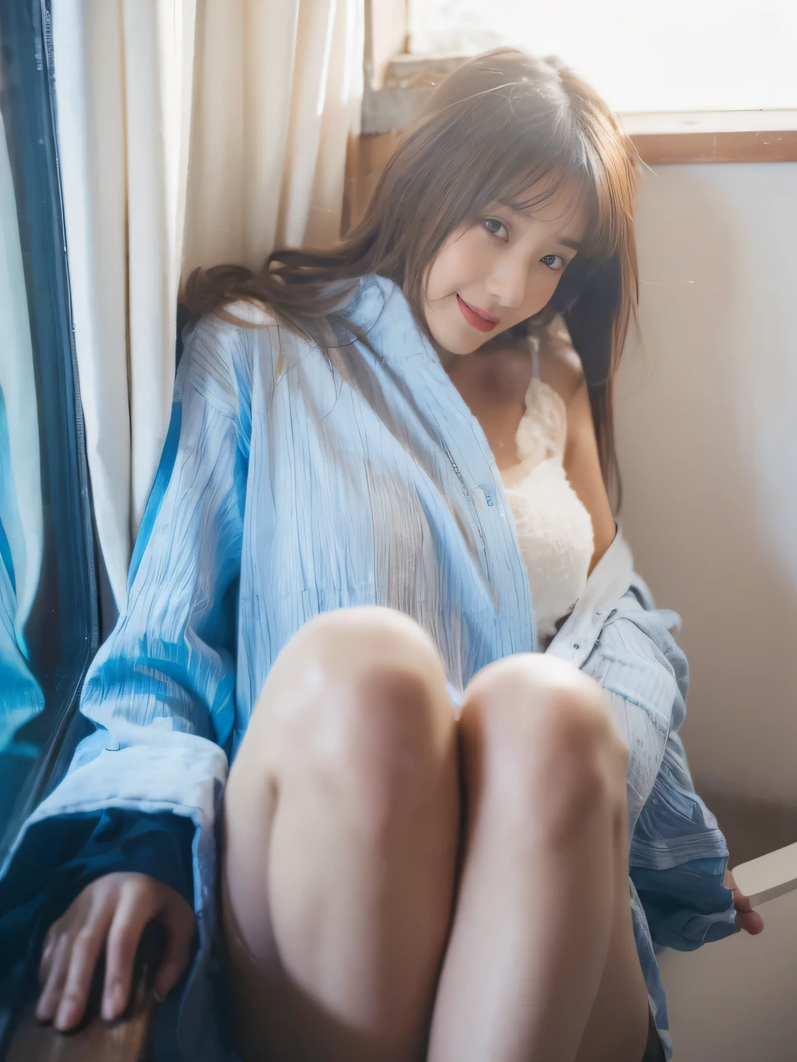 (on the table, best quality, Realistically, Ultra Detailed, meticulous, high resolution, 8k wallpaper), Close-up portrait of a beautiful woman, like, Smile, Light brown messy hair, Perfect dynamic composition, beautiful meticulous eyes, Just like the cover of a fashion magazine, On Campus