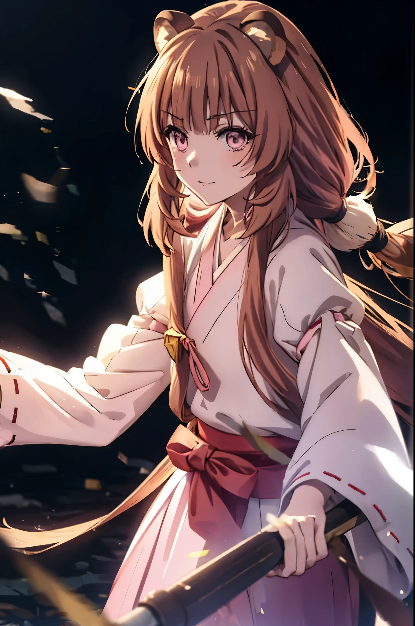 Raphtalia, Raphtalia, Long Hair, bangs, brown hair, Animal ears, Raccoon Ears, Raccoon Tail, Raccoon Girl, (Pink Eyes:1.3), happy smile, smile, Open your mouth,Platycodon grandiflorum,Miko, White Kimono,Red Hakama Kimono, As with the skirt, Wide sleeves, Long sleeve, Thick sleeves,Ribbon-trimmed sleeves, Daytime,Clear skies,
とてもLong Hair, 鈍いbangs, Low ponytail, 
break outdoors, shrine,torii,
break looking at viewer, (Cowboy Shot:1.5),
break (masterpiece:1.2), highest quality, High resolution, unity 8k wallpaper, (figure:0.8), (Beautiful fine details:1.6), Highly detailed face, Perfect lighting, Highly detailed CG, (Perfect hands, Perfect Anatomy),