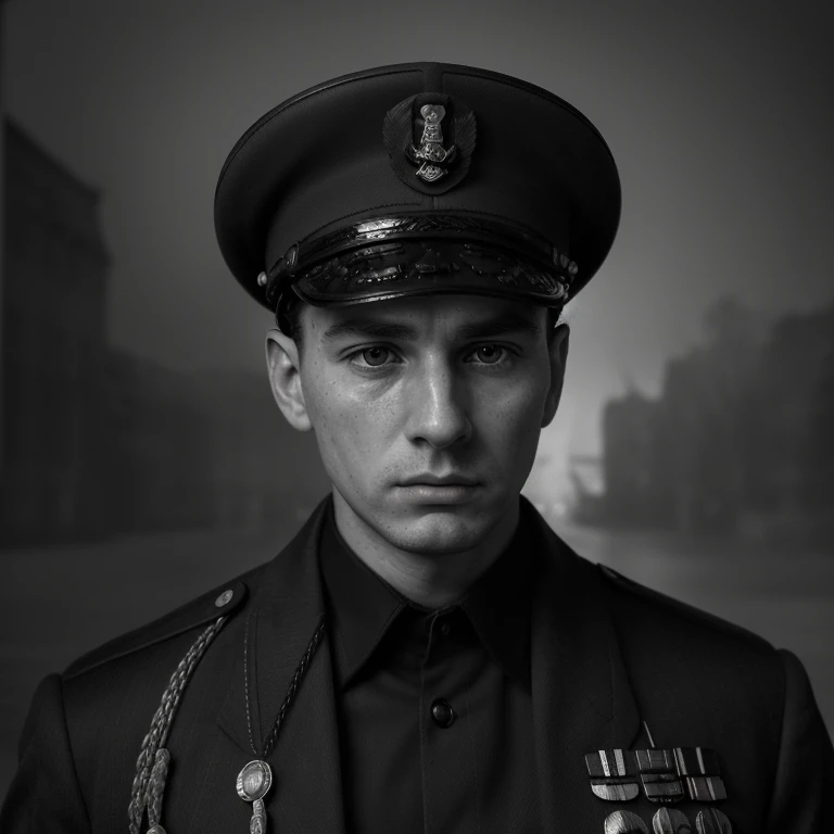 (highres,realistic),portrait,serious expression,young man,clear eyes,stern look,fine details,black and white,WWII uniform,capturing the essence of the era,antique ambiance,distinctive hat and badge,sharp focus,profound atmosphere,vivid contrast,meticulous brushstrokes,dramatic lighting,classic composition,authentic portrayal,excluding colorful distractions,sombre tones,memorable and evocative.