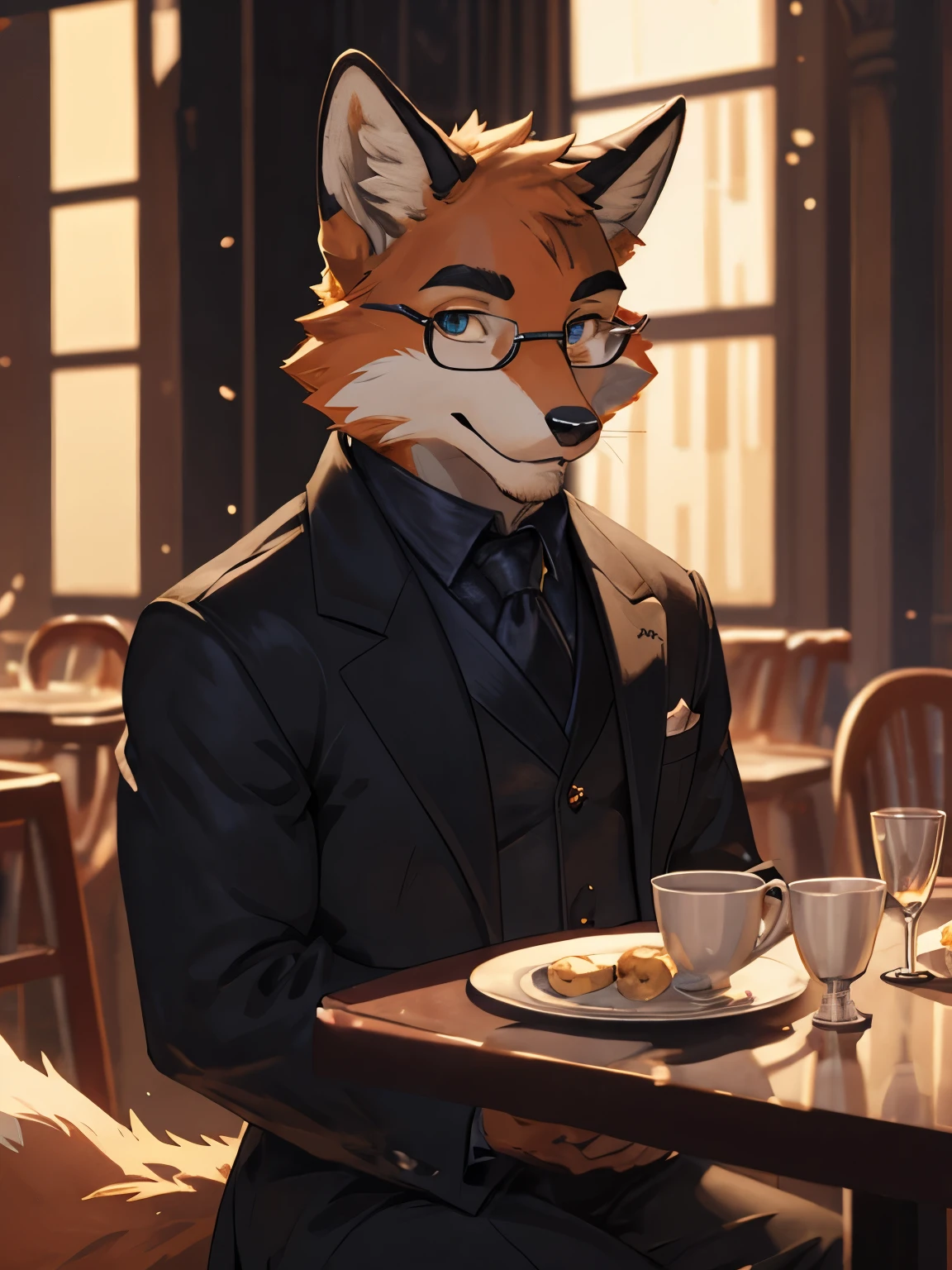 ((An anthropomorphic fox)) male, with realistic fur, tuxedo, wearing glasses, very fluffy, realistic fur on head, black fur hands, looking at viewer, proud face, Best quality, detailed. Un ambiente de una terraza de un cafe, Una noche oscura con una luna grande y brillante