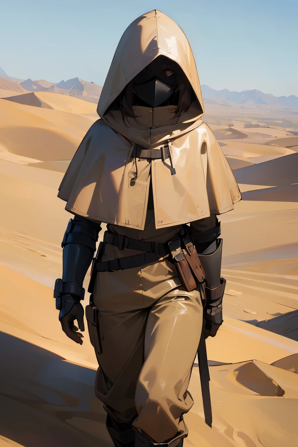 (((Masterpiece, highest quality, high definition, high detail)))), 1 girl, fully masked, fully face covered, hooded, tough, desert, day, walking, serious, pants, dark cloak, leather armor, padded, no eyes