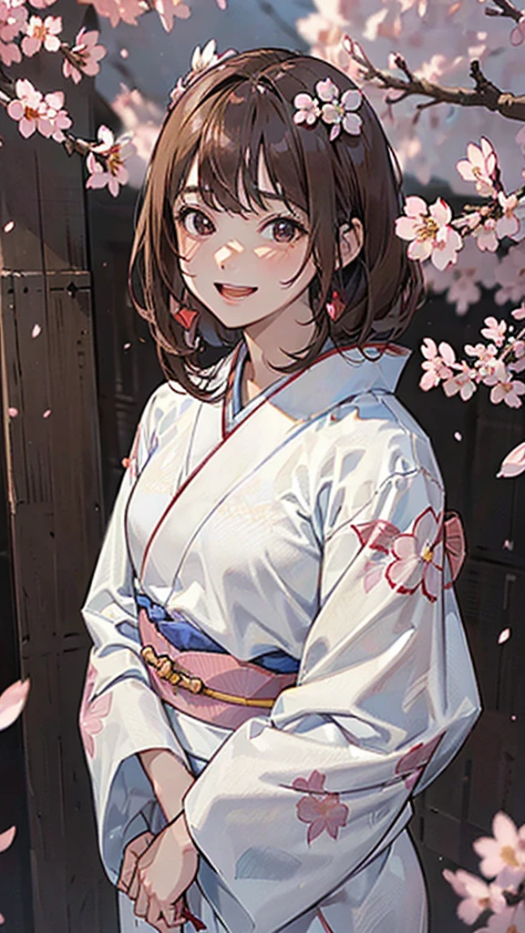 One Girl, (Beautiful girls, Delicate girl:1.3), (:1.3),
break, (Floral, kimono, kimono, white kimono:1.3),
break, Very fine grain, (Symmetrical eyes:1.3),
break, (cherry blossoms, filled with cherry blossoms, surrounded by cherry blossoms:1.2), perfectly trimmed fingers,
break, Small breasts, Brown eyes, Parted bangs, brown hair, (Upper teeth, The best smile:0.6),
break, (Eye and facial details:1.0),
break, (masterpiece, highest quality, Ultra-detailed, Detailed face, 8K),break,(Laughter:1.6), break,Showing teeth