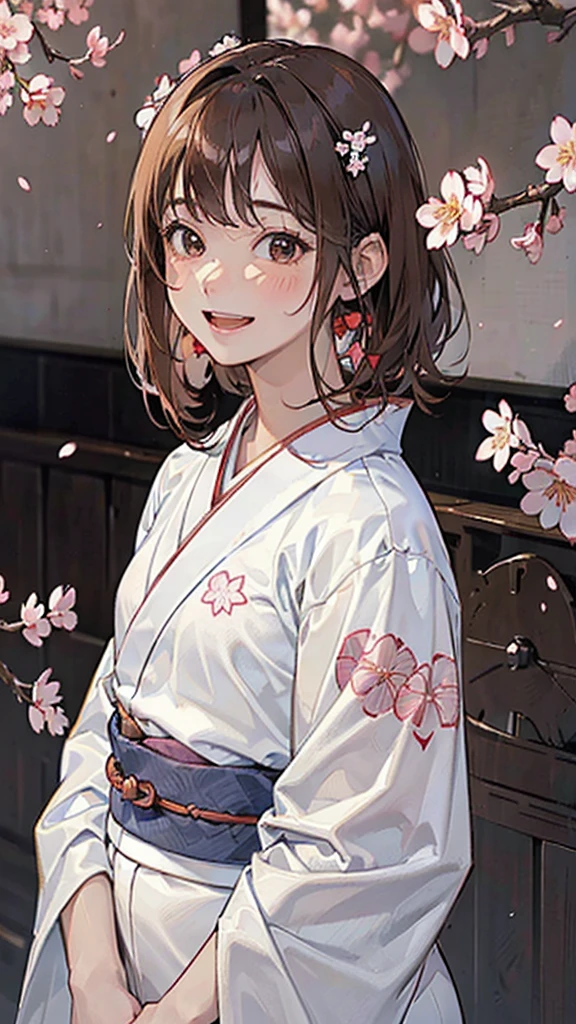 One Girl, (Beautiful girls, Delicate girl:1.3), (16 years old:1.3),
break, (Floral, kimono, kimono, white kimono:1.3),
break, Very fine grain, (Symmetrical eyes:1.3),
break, (cherry blossoms, filled with cherry blossoms, surrounded by cherry blossoms:1.2), perfectly trimmed fingers,
break, Small breasts, Brown eyes, Parted bangs, brown hair, (Upper teeth, The best smile:0.6),
break, (Eye and facial details:1.0),
break, (masterpiece, highest quality, Ultra-detailed, Detailed face, 8K),break,(Laughter:1.6), break,Showing teeth