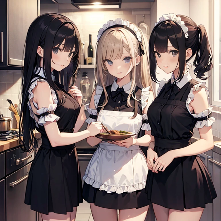 A group of maids, (in kitchen), various hair styles, harem, wearing maid uniform, night, details face, , short skirt, seducing, sleeveless , night, starry night