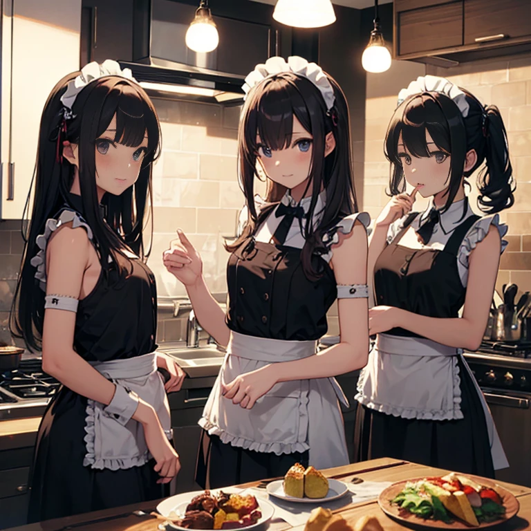 A group of maids, (in kitchen), various hair styles, harem, wearing maid uniform, night, details face, , short skirt, seducing, sleeveless , night, starry night