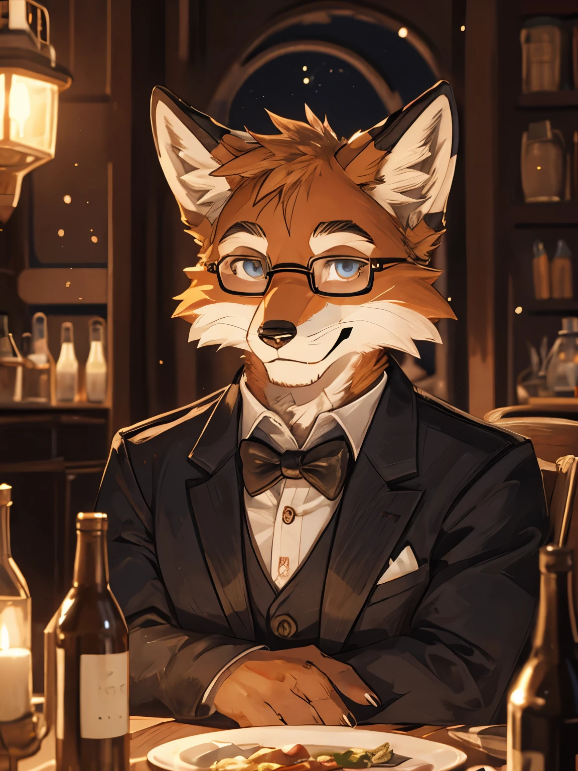 ((An anthropomorphic fox)) male, with realistic fur, tuxedo, wearing glasses, very fluffy, realistic fur on head, black fur hands, looking at viewer, proud face, Best quality, detailed. Un ambiente de una terraza de un cafe, Una noche oscura con una luna grande y brillante