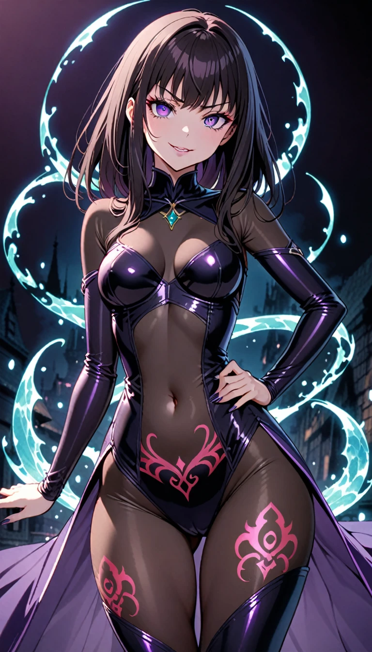 Inoue Takina,body stocking,Enchantment,Evil Smile,Black short hair,Purple Eye,Medium chest,Red eyeliner,Navel,Beautiful curves,crotch tattoo