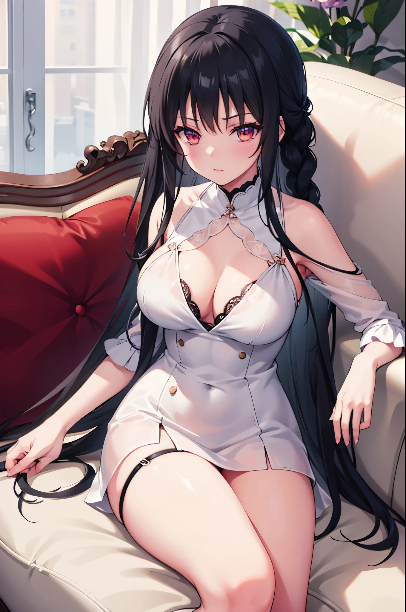 Realistic image, detailed image, coherent image. 1 beautiful girl. She has long straight hair, black hair. She has orange-red eyes. Sensual expression. She is wearing a transparent bathrobe, a thin lace thong and high stockings with garter belts. She has a curvy body, medium breasts and thick thighs. She is lying on a sofa with her legs raised. arched back. View from below. surrounded by flower petals. Soft focus, Dramatic shadows, Volumetric lighting, natural lighting, Suzune Horikita 1 girl braid black hair red eyes red eyes