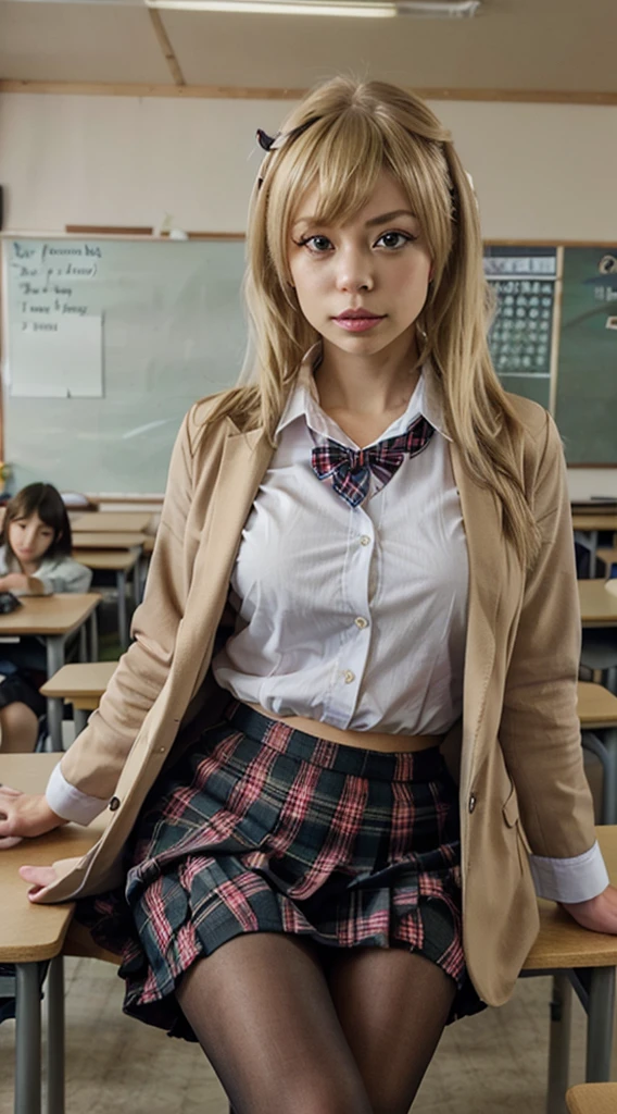 (masterpiece), best quality, (((nude naked nude naked nude naked young girl plays a purple guitar and has blond bob hair and wears a mortarboard))), ((old man in black suit stands beside)), music chart on wall, classroom setting, speakers on wall, audio speakers, crowd of old men in black suits in the background,