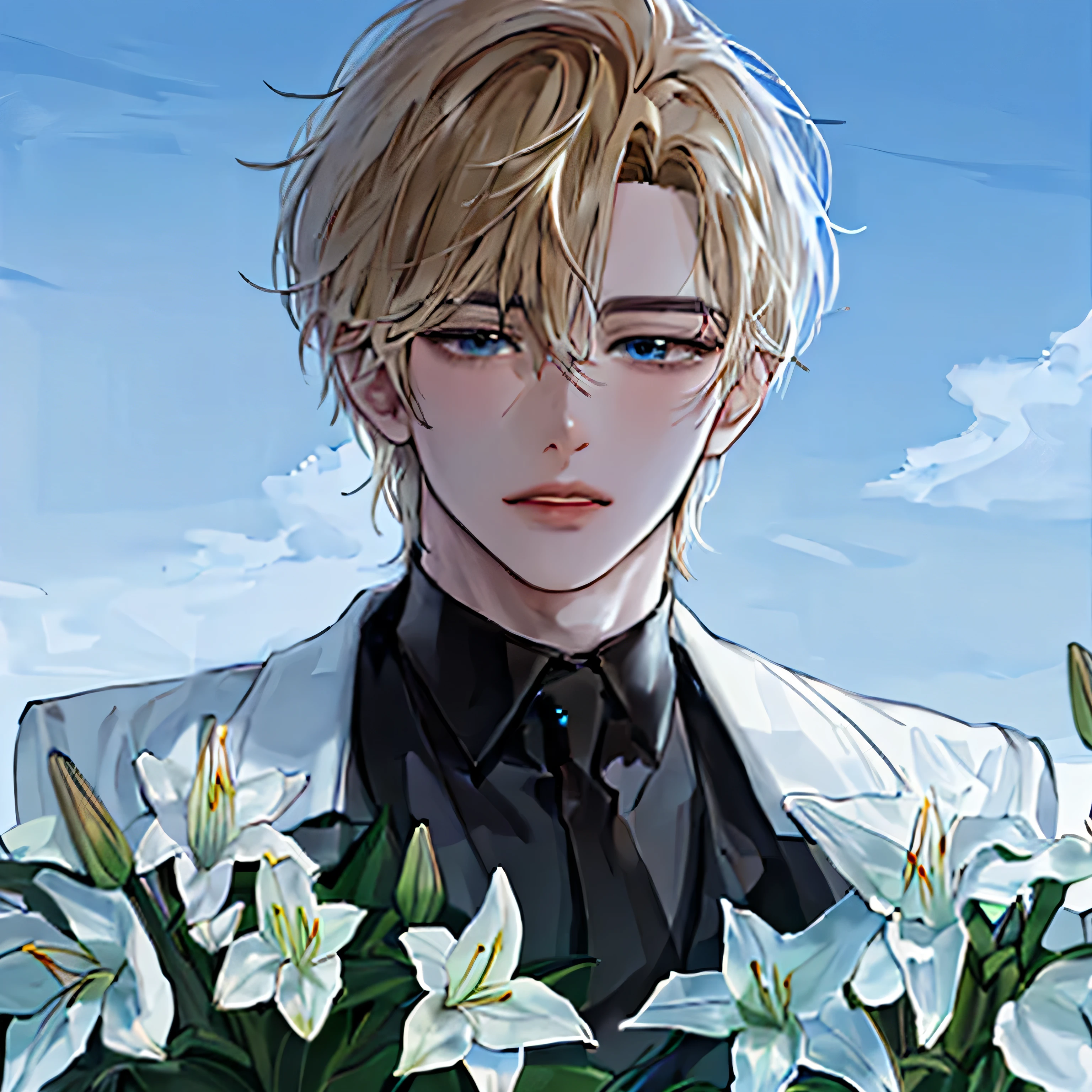 1 man, portrait, Beautiful handsome, alone, lips, male focus, random color, looking at the viewer, short hair, gentle expression, suit,blonde platina hair, sky blue eyes, lily bouquet