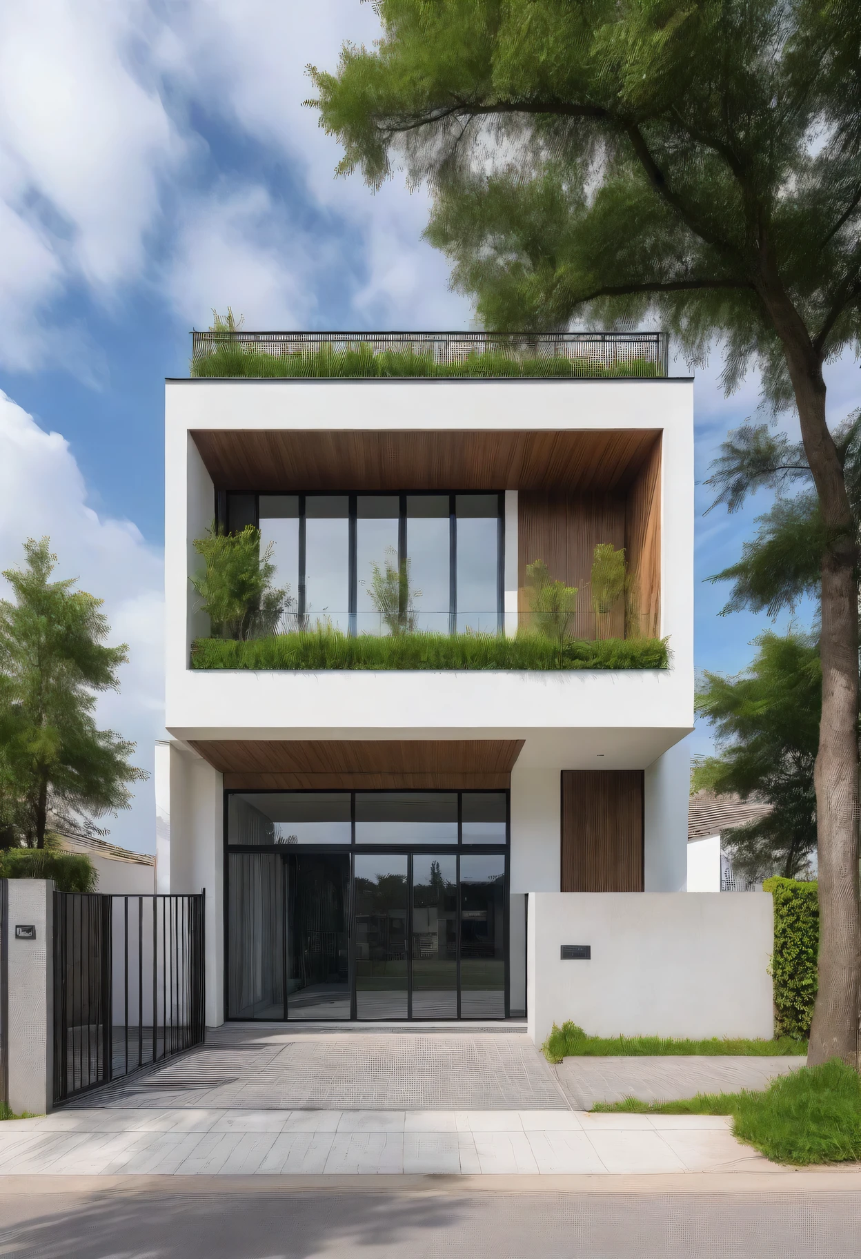 Raw photo,Masterpiece, high quality, best quality, authentic, super detail,
outdoors, house style modern,bietthuhn, white wall, glass windows, gate
road,pavement, grass, trees, sky, cloud, (day:1.1),