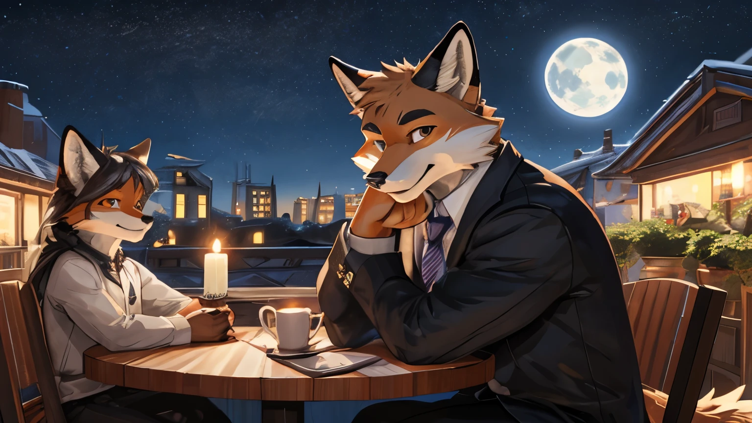 ((An anthropomorphic fox)) male, with realistic fur, tuxedo, wearing glasses, very fluffy, realistic fur on head, black fur hands, looking at viewer, proud face, Best quality, detailed. Un ambiente de una terraza de un cafe, Una noche oscura con una luna grande y brillante