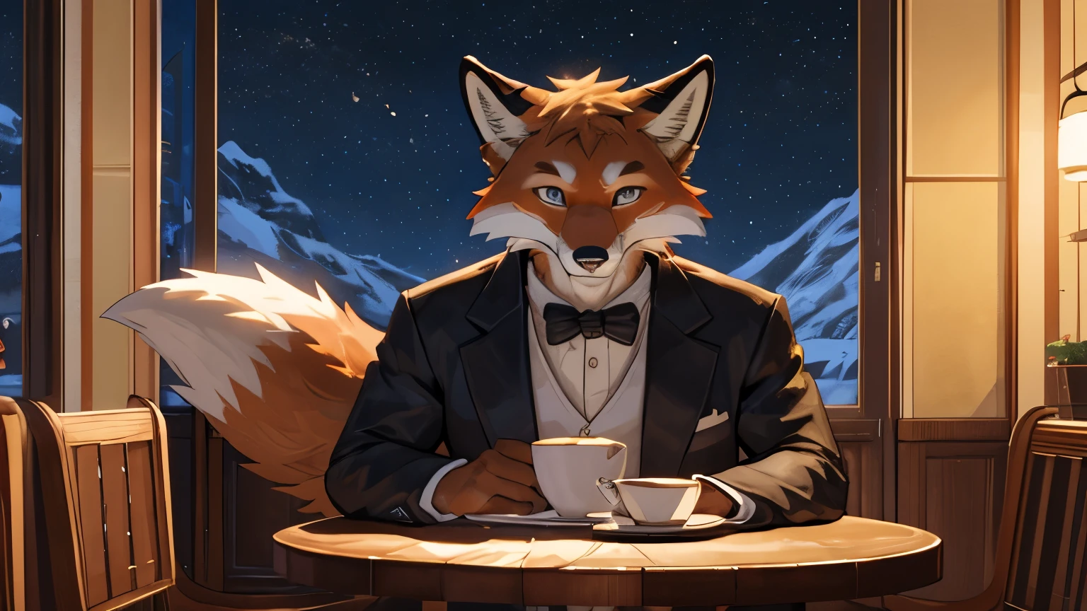 ((An anthropomorphic fox)) male, with realistic fur, tuxedo, wearing glasses, very fluffy, realistic fur on head, black fur hands, looking at viewer, proud face, Best quality, detailed. Un ambiente de una terraza de un cafe, Una noche oscura con una luna grande y brillante
