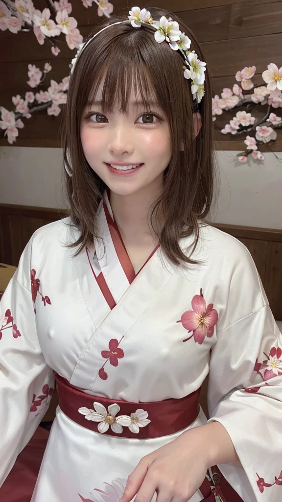 Tabletop, highest quality, 8K, Raw photo, One Girl, (Beautiful girls, Delicate girl:1.3), (16 years old:1.3), break, (Floral, kimono, kimono, white kimono:1.3), break, Very fine grain, (Symmetrical eyes:1.3), break, (cherry blossoms, filled with cherry blossoms, surrounded by cherry blossoms:1.2), perfectly trimmed fingers, break, Small breasts, Brown eyes, Parted bangs, brown hair, (Upper teeth, The best smile:0.6), break, (Eye and facial details:1.0), break, (masterpiece, highest quality, Ultra-detailed, Detailed face, 8K),break,(Laughter:1.6), break,Showing teeth