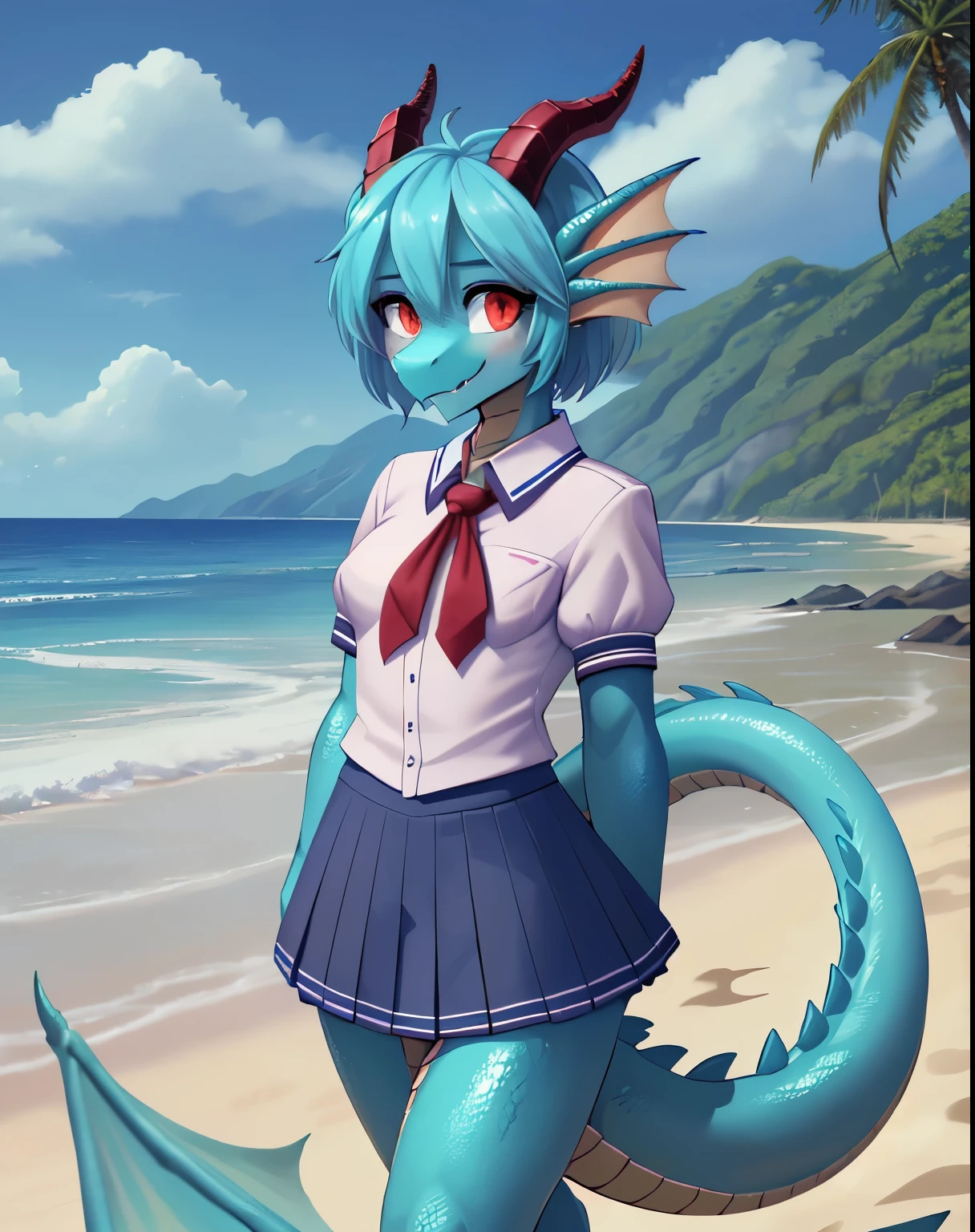 1girl, (Feminine), hot, solo, masterpiece, beach, scenery, (dragon girl:1.2), dragon, aqua marine scales, short hair, dragon horns, dragon tail, red eyes, slit pupils, (scales, scalie:1.2), (wearing high school japonese uniform)