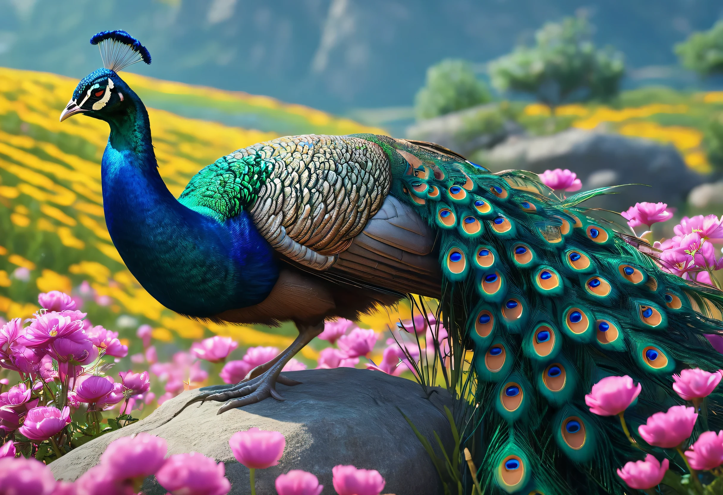 A peacock standing on a rock in a flower field, Digital art by Alexander Kucharski, cgsociety contest winner, Fantasy art, Beautiful digital artwork, 4k Highly detailed digital art, 8k high quality detailed art, Beautiful art UHD 4K, 8K Highly Detailed Art, Highly detailed art in 4K, Highly detailed digital art, Beautiful digital art