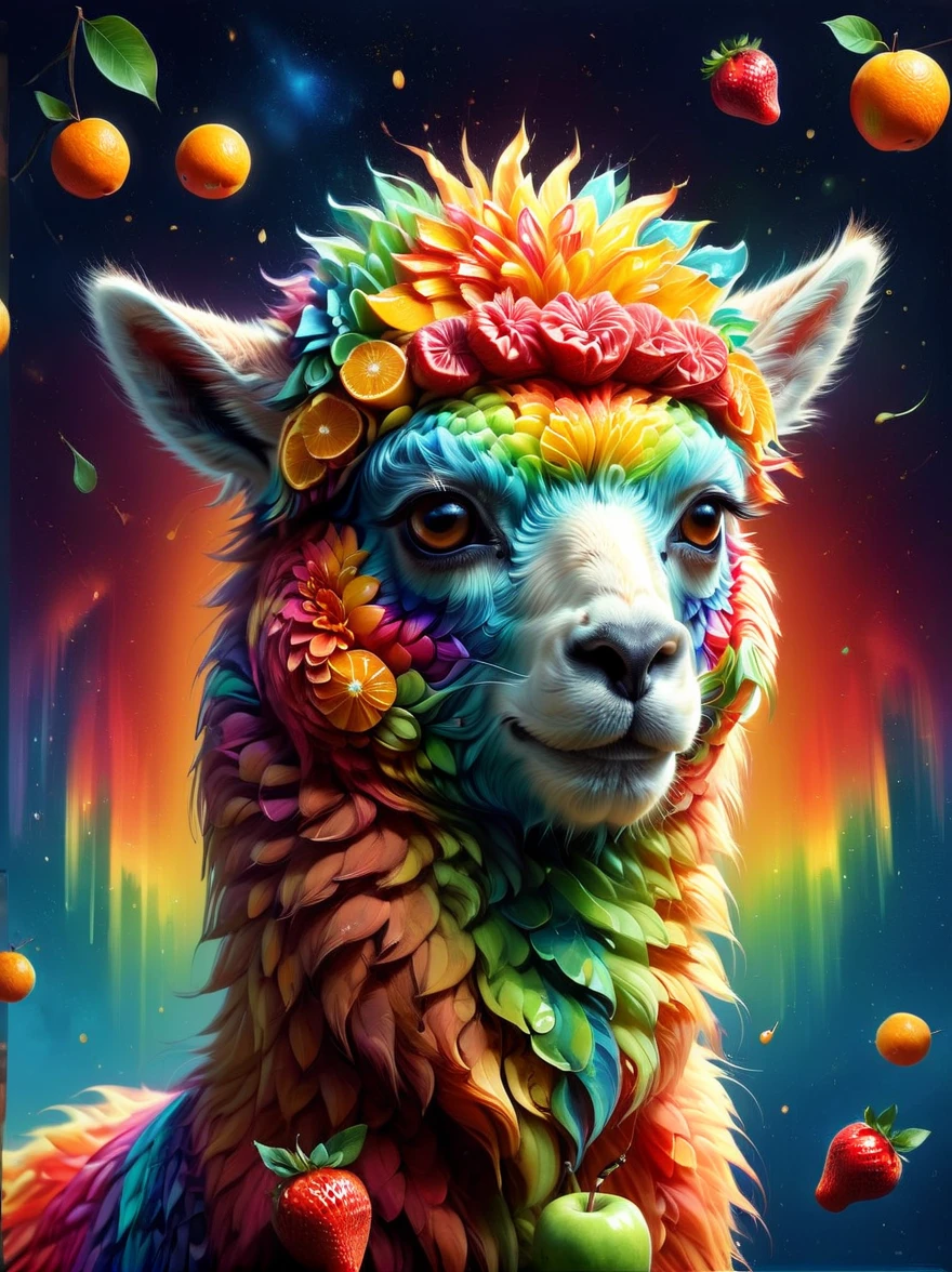 Imaginative depiction of an alpaca made entirely of fruit pulp，Alpaca standing upright in a casual posture，Maybe one hand holding an apple，Body made of orange，watermelon，kiwi，Strawberries and other colorful fruit slices，A rainbow-like mosaic effect，The face is detailed and expressive，Elegantly shaped with tangerine peel and blueberry eyes，(The background depicts a sunny snowy afternoon)，(Bathed in the peaceful golden sunshine), (master level:1.2), Super details, Realistic, (Photorealism:1.3), first-person view, UHD, masterpiece, ccurate, anatomically correct, super detail, best quality, 8k