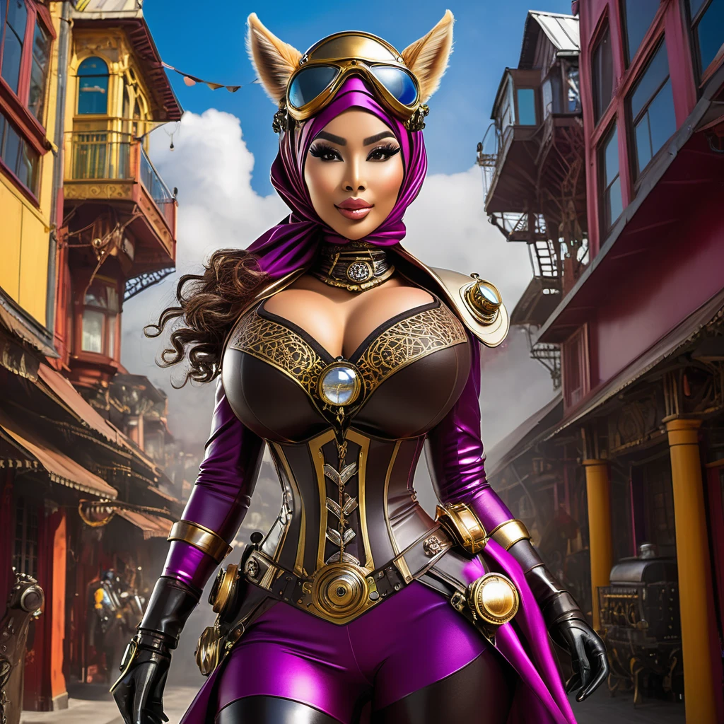 (a busty malaysian woman:1.1,40 years old:1.1,giga busty:1.1,hijab:1.1,alpaca themed:1.1,superhero costume:1.1) striking heroic poses, performing incredible feats of strength, and exuding an aura of power. Her captivating eyes shine with determination, and her graceful lips form a confident smile. The intricate details of her face and physique are meticulously rendered, showcasing her robust beauty. She stands tall and proud, her majestic hijab flowing in the wind. The hijab is adorned with vibrant patterns inspired by the majestic alpaca, creating a visually stunning contrast. The exquisite fabric drapes elegantly around her, adding a touch of grace to her heroic presence. Her attire embodies the spirit of a superhero, with an alpaca theme that adds a unique twist. The costume features a sleek blend of modern and steam punk elements, embracing a futuristic aesthetic. It is crafted with the finest materials, accentuating her formidable figure and enhancing her aura of strength. Beside her stands her loyal sidekick, a steam punk alpaca. This anthropomorphic creature exudes undeniable charm with its gears, pipes, and intricate mechanical elements. It serves as a perfect companion for the Malaysian heroine, complementing her bravery and adding a touch of whimsical steampunk flair to the scene. The scene itself is bathed in vibrant colors and contrast, with vivid hues that reflect the hero's energy and determination. The lighting creates a dramatic atmosphere, accentuating her heroic poses and creating a sense of awe-inspiring grandeur. With the utmost attention to detail and the highest quality, this artwork seamlessly combines realism and fantastical elements to create a truly breathtaking masterpiece. As the viewer gazes upon this visually stunning depiction, they are transported into a world where strength, diversity, and heroism intertwine.