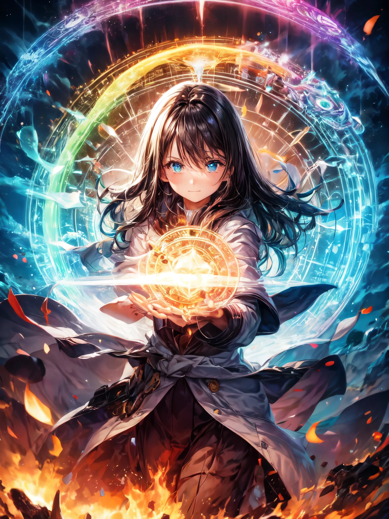 1 Girl,Rainbow magic circle,All magic circles, water, fire, electricity, soil, wood, Light, dark, time, space, All great magicians,,Determination,faint smile,