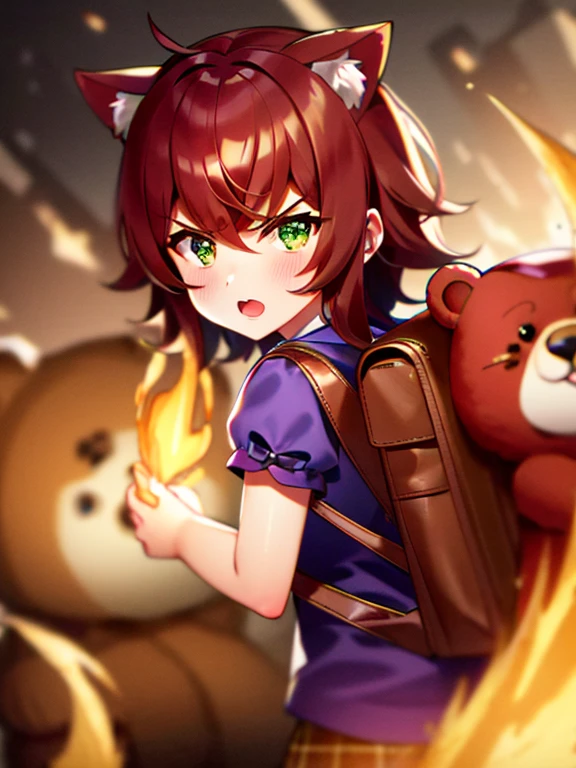 Green Eyes, annie, Red Hair, angry, brown leather backpack, short hair, fake cat ears, long bangs, fire, teddy bear, tibbers, purple shirt, flame
