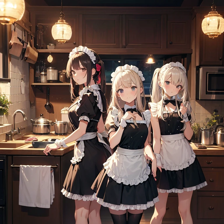 A group of maids, (in kitchen), various hair styles, harem, wearing maid uniform, night, details face, , short skirt, seducing, sleeveless , night, starry night 