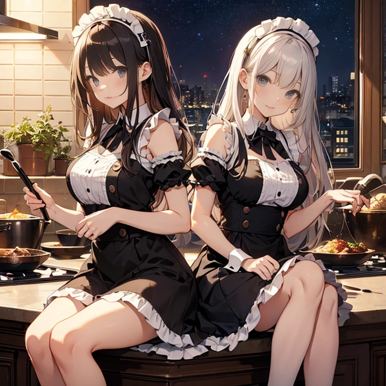 A group of maids, (in kitchen), various hair styles, harem, wearing maid uniform, night, details face, , short skirt, seducing, sleeveless , night, starry night