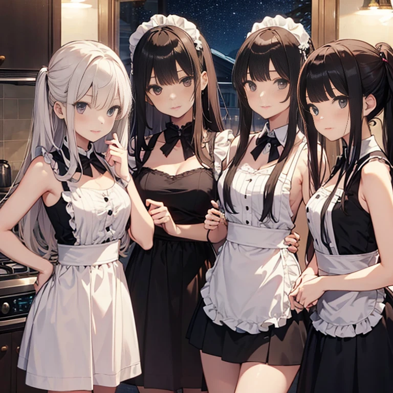 A group of maids, (in kitchen), various hair styles, harem, wearing maid uniform, night, details face, , short skirt, seducing, sleeveless , night, starry night