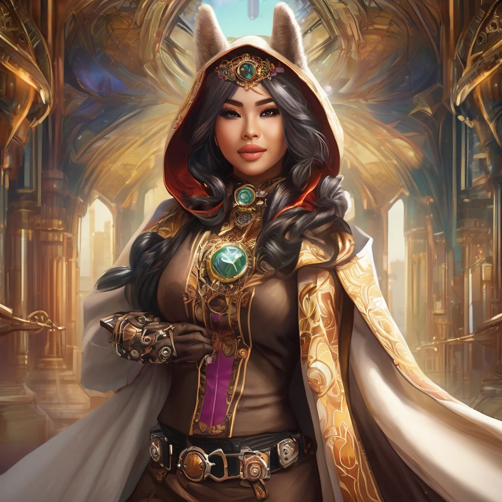 (a busty malaysian woman:1.1,40 years old:1.1,giga busty:1.1,hijab:1.1,alpaca themed:1.1,superhero costume:1.1) striking heroic poses, performing incredible feats of strength, and exuding an aura of power. Her captivating eyes shine with determination, and her graceful lips form a confident smile. The intricate details of her face and physique are meticulously rendered, showcasing her robust beauty. She stands tall and proud, her majestic hijab flowing in the wind. The hijab is adorned with vibrant patterns inspired by the majestic alpaca, creating a visually stunning contrast. The exquisite fabric drapes elegantly around her, adding a touch of grace to her heroic presence. Her attire embodies the spirit of a superhero, with an alpaca theme that adds a unique twist. The costume features a sleek blend of modern and steam punk elements, embracing a futuristic aesthetic. It is crafted with the finest materials, accentuating her formidable figure and enhancing her aura of strength. Beside her stands her loyal sidekick, a steam punk alpaca. This anthropomorphic creature exudes undeniable charm with its gears, pipes, and intricate mechanical elements. It serves as a perfect companion for the Malaysian heroine, complementing her bravery and adding a touch of whimsical steampunk flair to the scene. The scene itself is bathed in vibrant colors and contrast, with vivid hues that reflect the hero's energy and determination. The lighting creates a dramatic atmosphere, accentuating her heroic poses and creating a sense of awe-inspiring grandeur. With the utmost attention to detail and the highest quality, this artwork seamlessly combines realism and fantastical elements to create a truly breathtaking masterpiece. As the viewer gazes upon this visually stunning depiction, they are transported into a world where strength, diversity, and heroism intertwine.