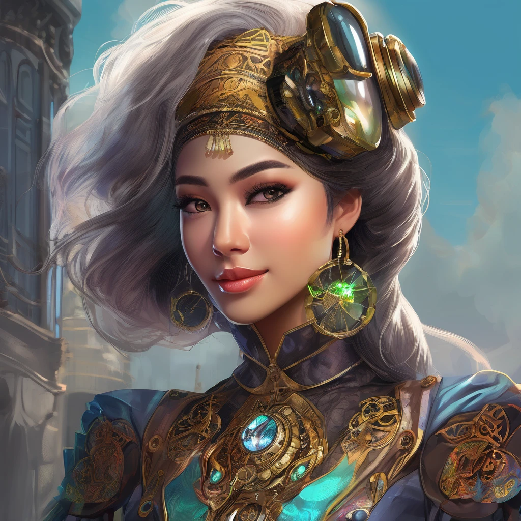 (a busty malaysian woman:1.1,40 years old:1.1,giga busty:1.1,hijab:1.1,alpaca themed:1.1,superhero costume:1.1) striking heroic poses, performing incredible feats of strength, and exuding an aura of power. Her captivating eyes shine with determination, and her graceful lips form a confident smile. The intricate details of her face and physique are meticulously rendered, showcasing her robust beauty. She stands tall and proud, her majestic hijab flowing in the wind. The hijab is adorned with vibrant patterns inspired by the majestic alpaca, creating a visually stunning contrast. The exquisite fabric drapes elegantly around her, adding a touch of grace to her heroic presence. Her attire embodies the spirit of a superhero, with an alpaca theme that adds a unique twist. The costume features a sleek blend of modern and steam punk elements, embracing a futuristic aesthetic. It is crafted with the finest materials, accentuating her formidable figure and enhancing her aura of strength. Beside her stands her loyal sidekick, a steam punk alpaca. This anthropomorphic creature exudes undeniable charm with its gears, pipes, and intricate mechanical elements. It serves as a perfect companion for the Malaysian heroine, complementing her bravery and adding a touch of whimsical steampunk flair to the scene. The scene itself is bathed in vibrant colors and contrast, with vivid hues that reflect the hero's energy and determination. The lighting creates a dramatic atmosphere, accentuating her heroic poses and creating a sense of awe-inspiring grandeur. With the utmost attention to detail and the highest quality, this artwork seamlessly combines realism and fantastical elements to create a truly breathtaking masterpiece. As the viewer gazes upon this visually stunning depiction, they are transported into a world where strength, diversity, and heroism intertwine.