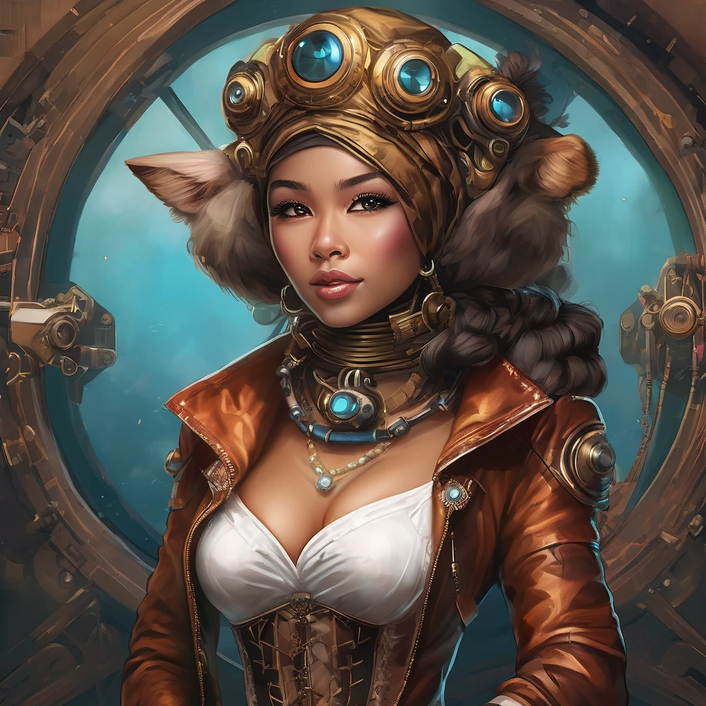 (a busty malaysian woman:1.1,40 years old:1.1,giga busty:1.1,hijab:1.1,alpaca themed:1.1,superhero costume:1.1) striking heroic poses, performing incredible feats of strength, and exuding an aura of power. Her captivating eyes shine with determination, and her graceful lips form a confident smile. The intricate details of her face and physique are meticulously rendered, showcasing her robust beauty. She stands tall and proud, her majestic hijab flowing in the wind. The hijab is adorned with vibrant patterns inspired by the majestic alpaca, creating a visually stunning contrast. The exquisite fabric drapes elegantly around her, adding a touch of grace to her heroic presence. Her attire embodies the spirit of a superhero, with an alpaca theme that adds a unique twist. The costume features a sleek blend of modern and steam punk elements, embracing a futuristic aesthetic. It is crafted with the finest materials, accentuating her formidable figure and enhancing her aura of strength. Beside her stands her loyal sidekick, a steam punk alpaca. This anthropomorphic creature exudes undeniable charm with its gears, pipes, and intricate mechanical elements. It serves as a perfect companion for the Malaysian heroine, complementing her bravery and adding a touch of whimsical steampunk flair to the scene. The scene itself is bathed in vibrant colors and contrast, with vivid hues that reflect the hero's energy and determination. The lighting creates a dramatic atmosphere, accentuating her heroic poses and creating a sense of awe-inspiring grandeur. With the utmost attention to detail and the highest quality, this artwork seamlessly combines realism and fantastical elements to create a truly breathtaking masterpiece. As the viewer gazes upon this visually stunning depiction, they are transported into a world where strength, diversity, and heroism intertwine.