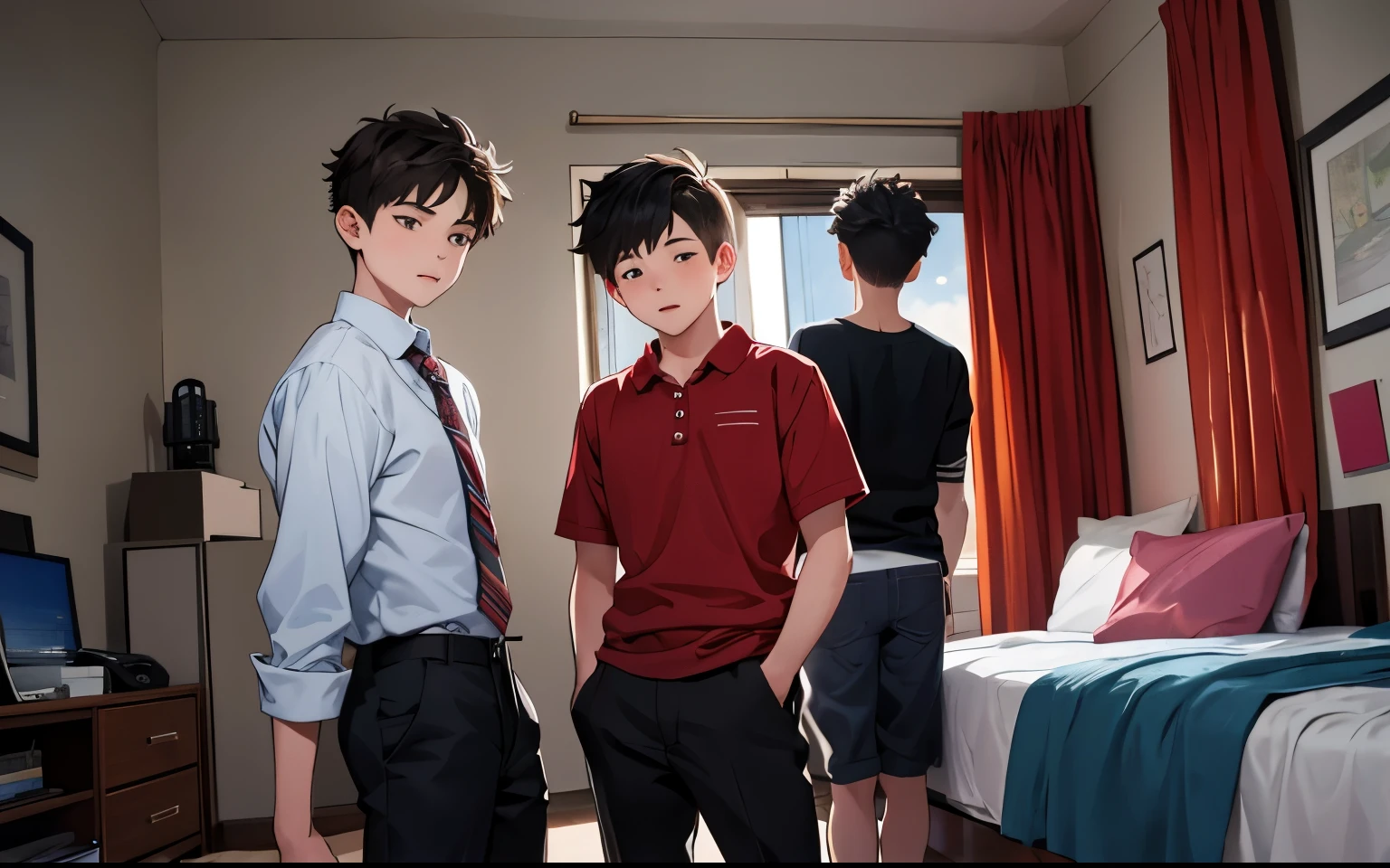 There are two boys, one sitting on the bed and the other standing, they are 16 years old.