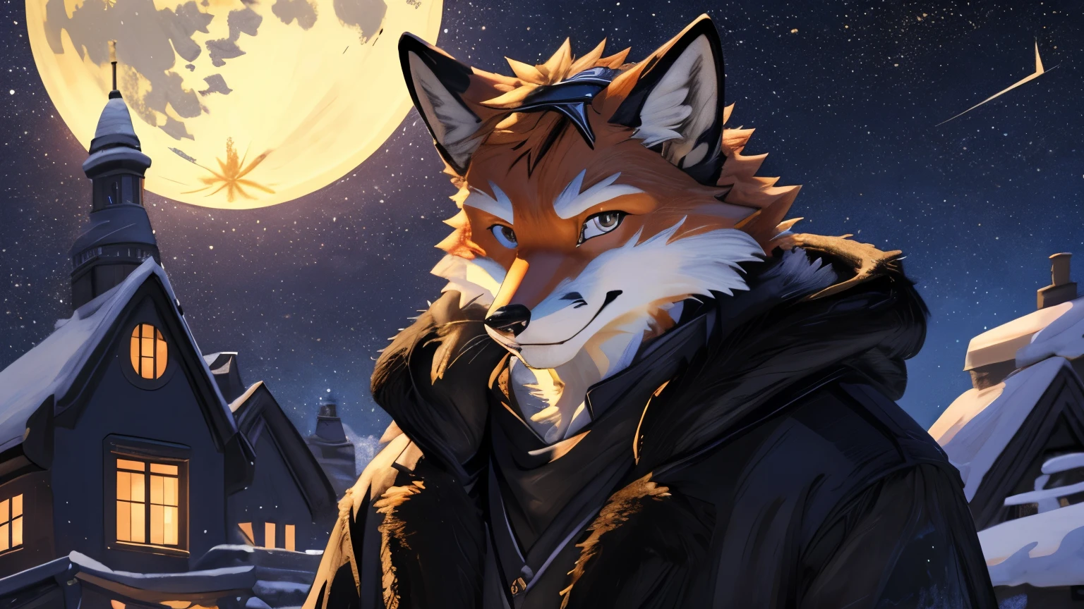 ((An anthropomorphic fox)) male, with realistic fur, tuxedo, wearing glasses, very fluffy, realistic fur on head, black fur hands, looking at viewer, proud face, Best quality, detailed. Un ambiente de una terraza de un rascacielos, Una noche estrellada con una luna grande y brillante