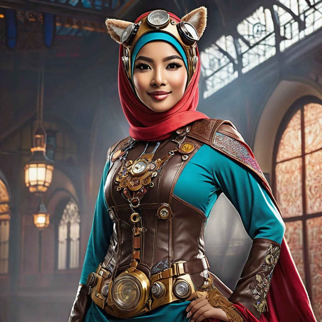 (a busty malaysian woman:1.1,40 years old:1.1,giga busty:1.1,hijab:1.1,alpaca themed:1.1,superhero costume:1.1) striking heroic poses, performing incredible feats of strength, and exuding an aura of power. Her captivating eyes shine with determination, and her graceful lips form a confident smile. The intricate details of her face and physique are meticulously rendered, showcasing her robust beauty. She stands tall and proud, her majestic hijab flowing in the wind. The hijab is adorned with vibrant patterns inspired by the majestic alpaca, creating a visually stunning contrast. The exquisite fabric drapes elegantly around her, adding a touch of grace to her heroic presence. Her attire embodies the spirit of a superhero, with an alpaca theme that adds a unique twist. The costume features a sleek blend of modern and steam punk elements, embracing a futuristic aesthetic. It is crafted with the finest materials, accentuating her formidable figure and enhancing her aura of strength. Beside her stands her loyal sidekick, a steam punk alpaca. This anthropomorphic creature exudes undeniable charm with its gears, pipes, and intricate mechanical elements. It serves as a perfect companion for the Malaysian heroine, complementing her bravery and adding a touch of whimsical steampunk flair to the scene. The scene itself is bathed in vibrant colors and contrast, with vivid hues that reflect the hero's energy and determination. The lighting creates a dramatic atmosphere, accentuating her heroic poses and creating a sense of awe-inspiring grandeur. With the utmost attention to detail and the highest quality, this artwork seamlessly combines realism and fantastical elements to create a truly breathtaking masterpiece. As the viewer gazes upon this visually stunning depiction, they are transported into a world where strength, diversity, and heroism intertwine.
