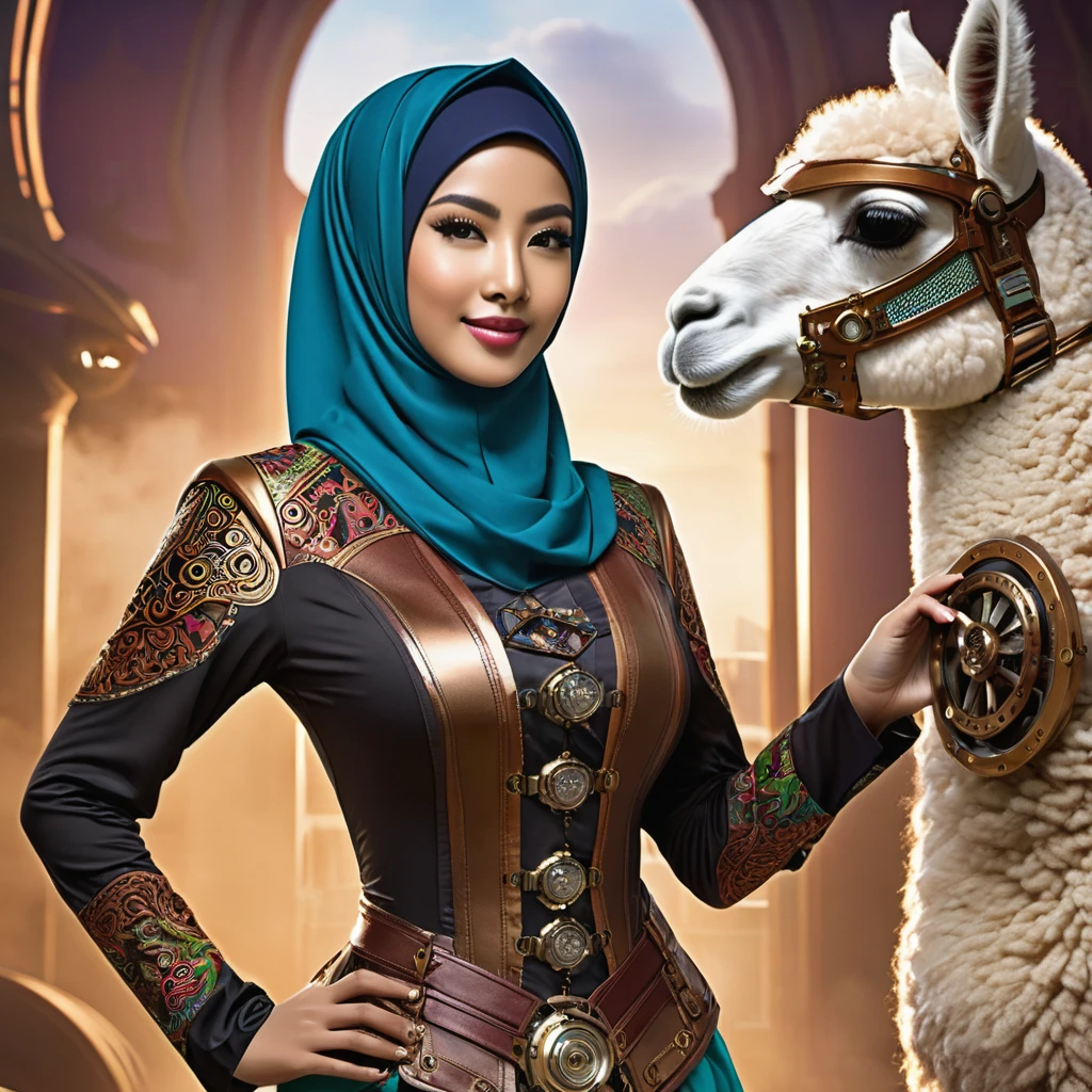 (a busty malaysian woman:1.1,40 years old:1.1,giga busty:1.1,hijab:1.1,alpaca themed:1.1,superhero costume:1.1) striking heroic poses, performing incredible feats of strength, and exuding an aura of power. Her captivating eyes shine with determination, and her graceful lips form a confident smile. The intricate details of her face and physique are meticulously rendered, showcasing her robust beauty. She stands tall and proud, her majestic hijab flowing in the wind. The hijab is adorned with vibrant patterns inspired by the majestic alpaca, creating a visually stunning contrast. The exquisite fabric drapes elegantly around her, adding a touch of grace to her heroic presence. Her attire embodies the spirit of a superhero, with an alpaca theme that adds a unique twist. The costume features a sleek blend of modern and steam punk elements, embracing a futuristic aesthetic. It is crafted with the finest materials, accentuating her formidable figure and enhancing her aura of strength. Beside her stands her loyal sidekick, a steam punk alpaca. This anthropomorphic creature exudes undeniable charm with its gears, pipes, and intricate mechanical elements. It serves as a perfect companion for the Malaysian heroine, complementing her bravery and adding a touch of whimsical steampunk flair to the scene. The scene itself is bathed in vibrant colors and contrast, with vivid hues that reflect the hero's energy and determination. The lighting creates a dramatic atmosphere, accentuating her heroic poses and creating a sense of awe-inspiring grandeur. With the utmost attention to detail and the highest quality, this artwork seamlessly combines realism and fantastical elements to create a truly breathtaking masterpiece. As the viewer gazes upon this visually stunning depiction, they are transported into a world where strength, diversity, and heroism intertwine.