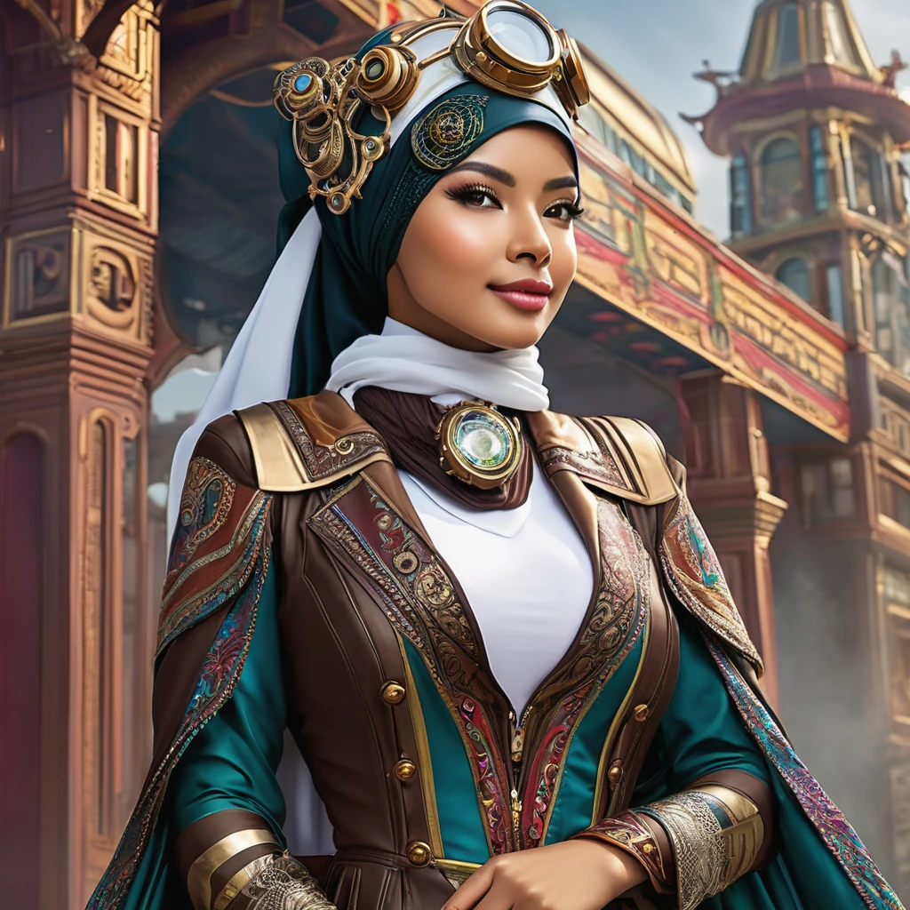 (a busty malaysian woman:1.1,40 years old:1.1,giga busty:1.1,hijab:1.1,alpaca themed:1.1,superhero costume:1.1) striking heroic poses, performing incredible feats of strength, and exuding an aura of power. Her captivating eyes shine with determination, and her graceful lips form a confident smile. The intricate details of her face and physique are meticulously rendered, showcasing her robust beauty. She stands tall and proud, her majestic hijab flowing in the wind. The hijab is adorned with vibrant patterns inspired by the majestic alpaca, creating a visually stunning contrast. The exquisite fabric drapes elegantly around her, adding a touch of grace to her heroic presence. Her attire embodies the spirit of a superhero, with an alpaca theme that adds a unique twist. The costume features a sleek blend of modern and steam punk elements, embracing a futuristic aesthetic. It is crafted with the finest materials, accentuating her formidable figure and enhancing her aura of strength. Beside her stands her loyal sidekick, a steam punk alpaca. This anthropomorphic creature exudes undeniable charm with its gears, pipes, and intricate mechanical elements. It serves as a perfect companion for the Malaysian heroine, complementing her bravery and adding a touch of whimsical steampunk flair to the scene. The scene itself is bathed in vibrant colors and contrast, with vivid hues that reflect the hero's energy and determination. The lighting creates a dramatic atmosphere, accentuating her heroic poses and creating a sense of awe-inspiring grandeur. With the utmost attention to detail and the highest quality, this artwork seamlessly combines realism and fantastical elements to create a truly breathtaking masterpiece. As the viewer gazes upon this visually stunning depiction, they are transported into a world where strength, diversity, and heroism intertwine.