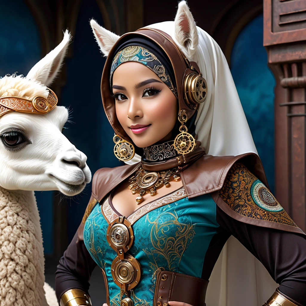 (a busty malaysian woman:1.1,40 years old:1.1,giga busty:1.1,hijab:1.1,alpaca themed:1.1,superhero costume:1.1) striking heroic poses, performing incredible feats of strength, and exuding an aura of power. Her captivating eyes shine with determination, and her graceful lips form a confident smile. The intricate details of her face and physique are meticulously rendered, showcasing her robust beauty. She stands tall and proud, her majestic hijab flowing in the wind. The hijab is adorned with vibrant patterns inspired by the majestic alpaca, creating a visually stunning contrast. The exquisite fabric drapes elegantly around her, adding a touch of grace to her heroic presence. Her attire embodies the spirit of a superhero, with an alpaca theme that adds a unique twist. The costume features a sleek blend of modern and steam punk elements, embracing a futuristic aesthetic. It is crafted with the finest materials, accentuating her formidable figure and enhancing her aura of strength. Beside her stands her loyal sidekick, a steam punk alpaca. This anthropomorphic creature exudes undeniable charm with its gears, pipes, and intricate mechanical elements. It serves as a perfect companion for the Malaysian heroine, complementing her bravery and adding a touch of whimsical steampunk flair to the scene. The scene itself is bathed in vibrant colors and contrast, with vivid hues that reflect the hero's energy and determination. The lighting creates a dramatic atmosphere, accentuating her heroic poses and creating a sense of awe-inspiring grandeur. With the utmost attention to detail and the highest quality, this artwork seamlessly combines realism and fantastical elements to create a truly breathtaking masterpiece. As the viewer gazes upon this visually stunning depiction, they are transported into a world where strength, diversity, and heroism intertwine.