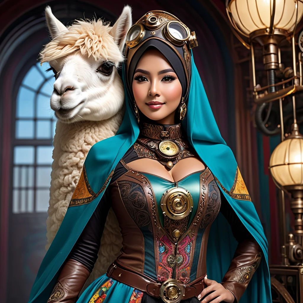 (a busty malaysian woman:1.1,40 years old:1.1,giga busty:1.1,hijab:1.1,alpaca themed:1.1,superhero costume:1.1) striking heroic poses, performing incredible feats of strength, and exuding an aura of power. Her captivating eyes shine with determination, and her graceful lips form a confident smile. The intricate details of her face and physique are meticulously rendered, showcasing her robust beauty. She stands tall and proud, her majestic hijab flowing in the wind. The hijab is adorned with vibrant patterns inspired by the majestic alpaca, creating a visually stunning contrast. The exquisite fabric drapes elegantly around her, adding a touch of grace to her heroic presence. Her attire embodies the spirit of a superhero, with an alpaca theme that adds a unique twist. The costume features a sleek blend of modern and steam punk elements, embracing a futuristic aesthetic. It is crafted with the finest materials, accentuating her formidable figure and enhancing her aura of strength. Beside her stands her loyal sidekick, a steam punk alpaca. This anthropomorphic creature exudes undeniable charm with its gears, pipes, and intricate mechanical elements. It serves as a perfect companion for the Malaysian heroine, complementing her bravery and adding a touch of whimsical steampunk flair to the scene. The scene itself is bathed in vibrant colors and contrast, with vivid hues that reflect the hero's energy and determination. The lighting creates a dramatic atmosphere, accentuating her heroic poses and creating a sense of awe-inspiring grandeur. With the utmost attention to detail and the highest quality, this artwork seamlessly combines realism and fantastical elements to create a truly breathtaking masterpiece. As the viewer gazes upon this visually stunning depiction, they are transported into a world where strength, diversity, and heroism intertwine.