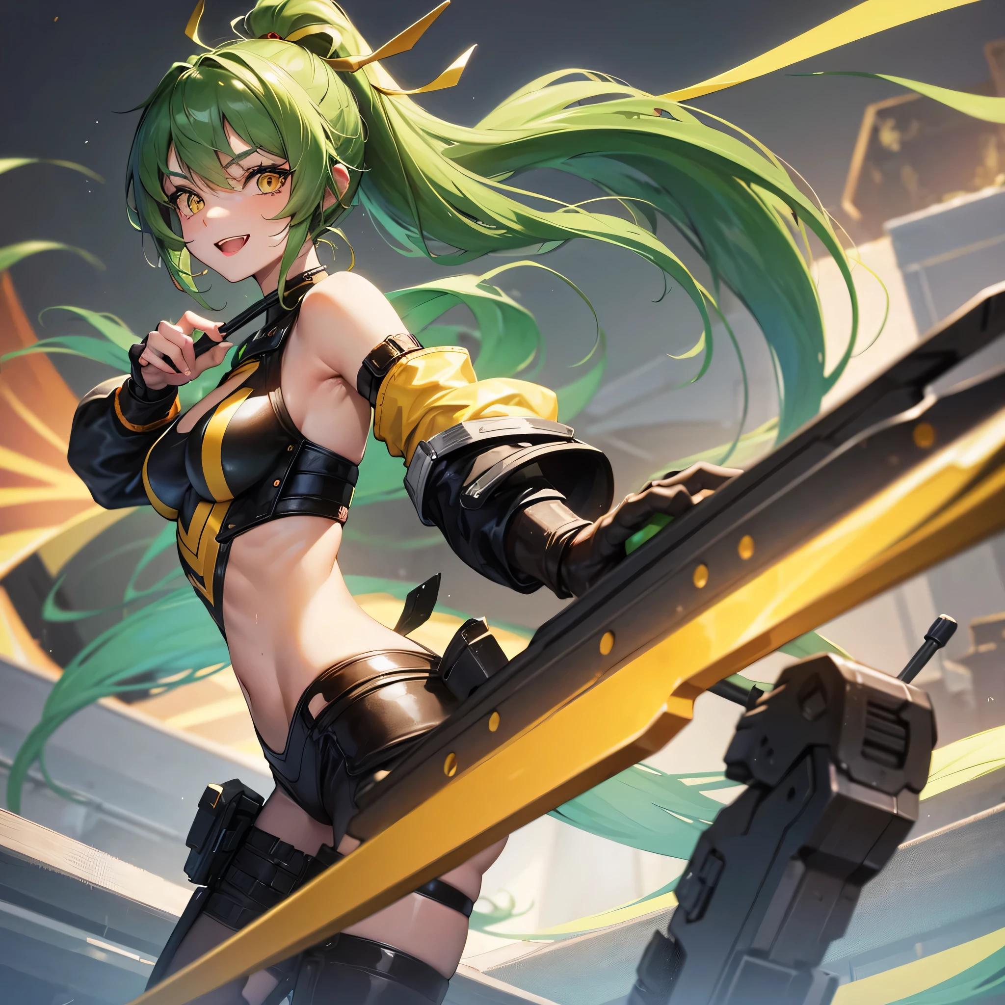 perfect anatomy, masterpiece:1.4, best quality, 16k, beautiful detailed grow, (battle style) (hands holding a detailed biggest steel axe gripping biggest steel axe in both hands), break, (solo:1.3 ponytail green hair long hair cute girl), (( yo)), (cute yellow eyes, happy smile), (sweaty skin) break, (in a battlesuit), (in the open battlefield).