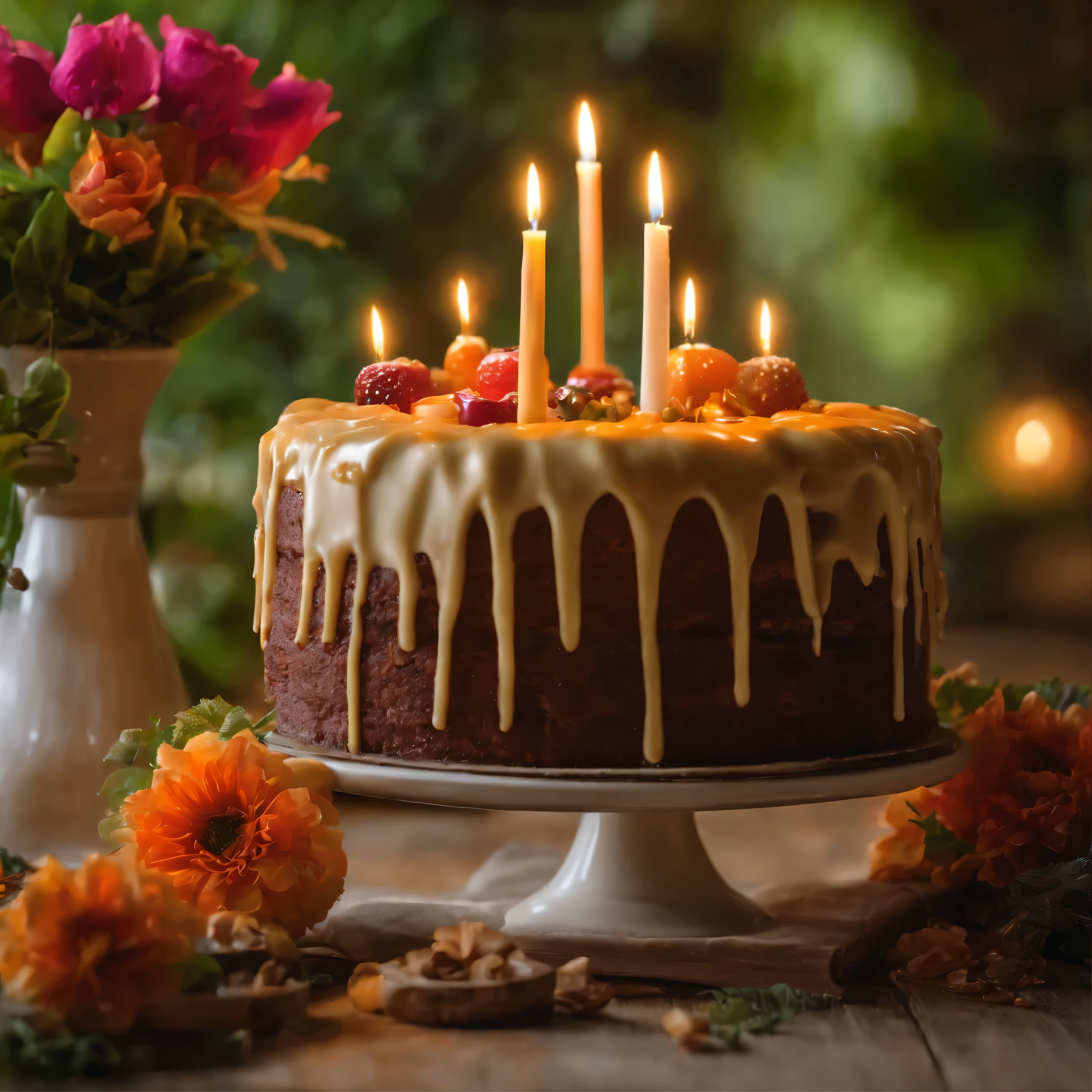 (best quality,4k,8k,highres,masterpiece:1.2),ultra-detailed,(realistic,photorealistic,photo-realistic:1.37),birthday cake with lit candles,large tablet with various dishes,english garden with colorful flowers and tall trees,cats and dogs playing together,soft natural lighting,colorful and vibrant palette,bursts of bokeh