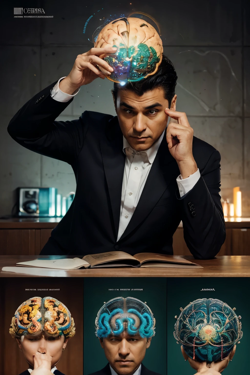 I want you to design the cover of a book called Salesman's Brain, donde aparezca mi persona Jose Alberto Torres agarrando un cerebro de colores mostrando como funciona un cerebro de un vendedor