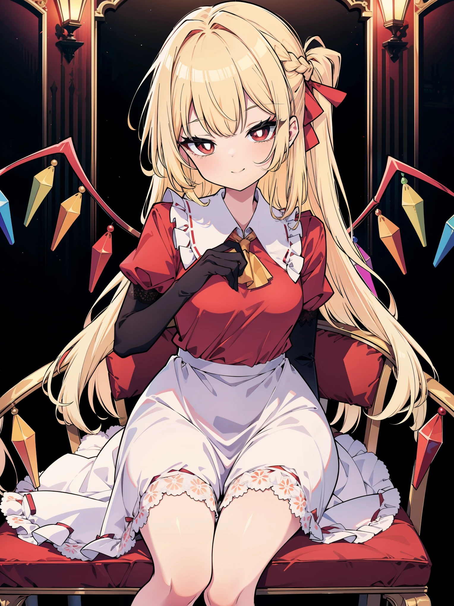 (cowboy shot), (colorful:1.1), (ultra-high resolution, depth of field:1.2), (Flandre scarlet:1.1), (1woman), (adult), in her 20s, Touhou project, (medium breasts), (red eyes), white pupils, glowing eyes, blonde hair, wavy hair, (long hair:1.1), (french braid), red ribbon, (wearing a gala dress:1.2), frills, (long white lace gloves), seductive smile, (elegant ballroom scenery), dim lighting, sitting on an elegant chair