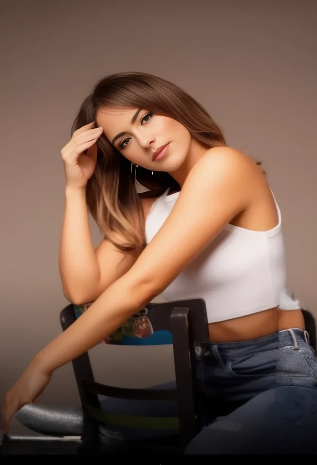 a close up of a beautifull woman sitting on a chair with a white shirt, instagram model, promotional photoshoot, solo photoshoot, chloe bennet, isabela moner, photoshoot portrait, photo of a model, casual pose, high quality portrait photoshoot, head and shoulders photography, brunette with dyed blonde hair, instagram photo shoot, attractive face and body, attractive and beautiful