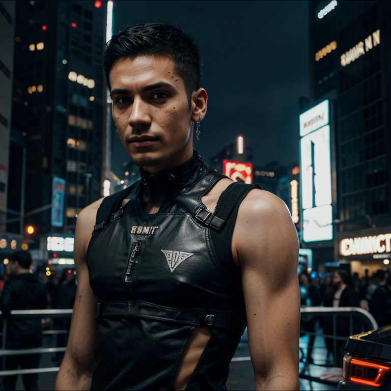 Professional photo in cyberpunk style, thigh-high photo, one man, metal skull, scar on face, metal torso, metal arms, old rusty armor, night city, neon lights, eye contact, looking at viewer, masterpiece, best quality, perfect detail, perfect face detail, perfect eye detail, perfect skin detail, depth of field, perfect lighting