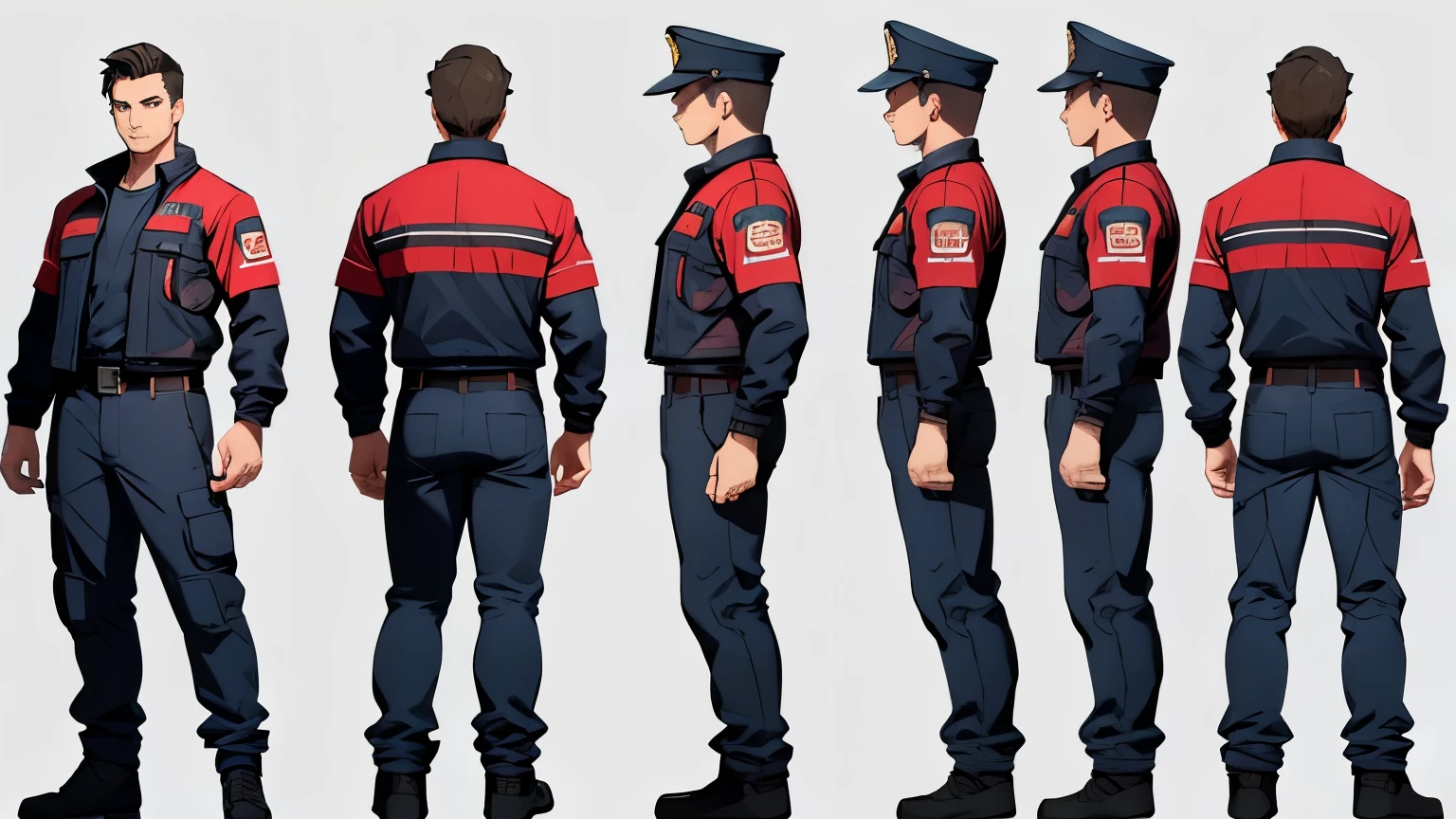 Man, fireman, various angles, (front, back, side), character sheet, model sheet, reference sheet.