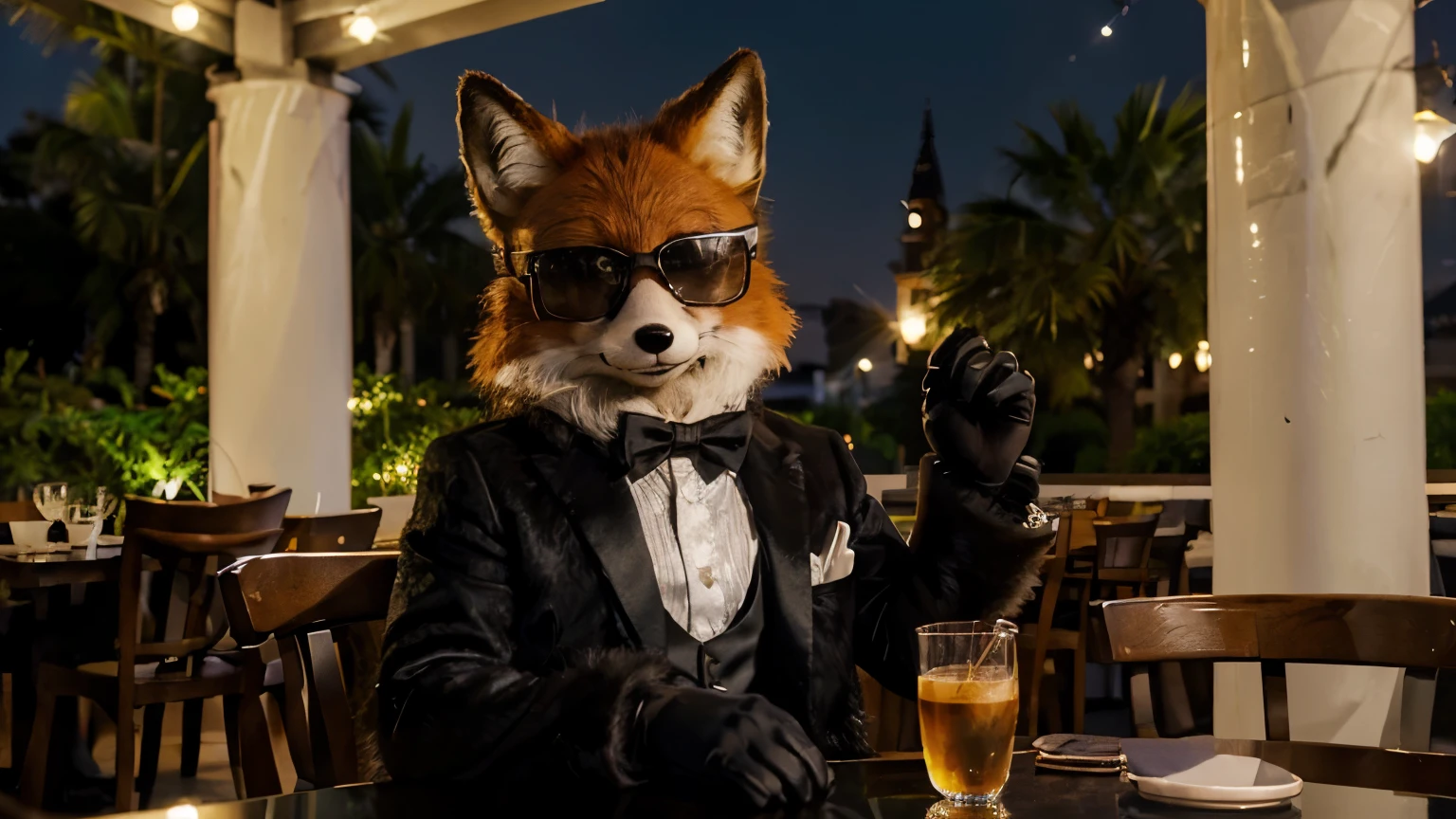 ((An anthropomorphic fox)) male, with realistic fur, tuxedo, wearing sunglasses, very fluffy, realistic fur on head, black fur hands, looking at viewer, proud, Best quality, detailed. Un ambiente de una terraza de un cafe, De noche, con una luna grande y brillante