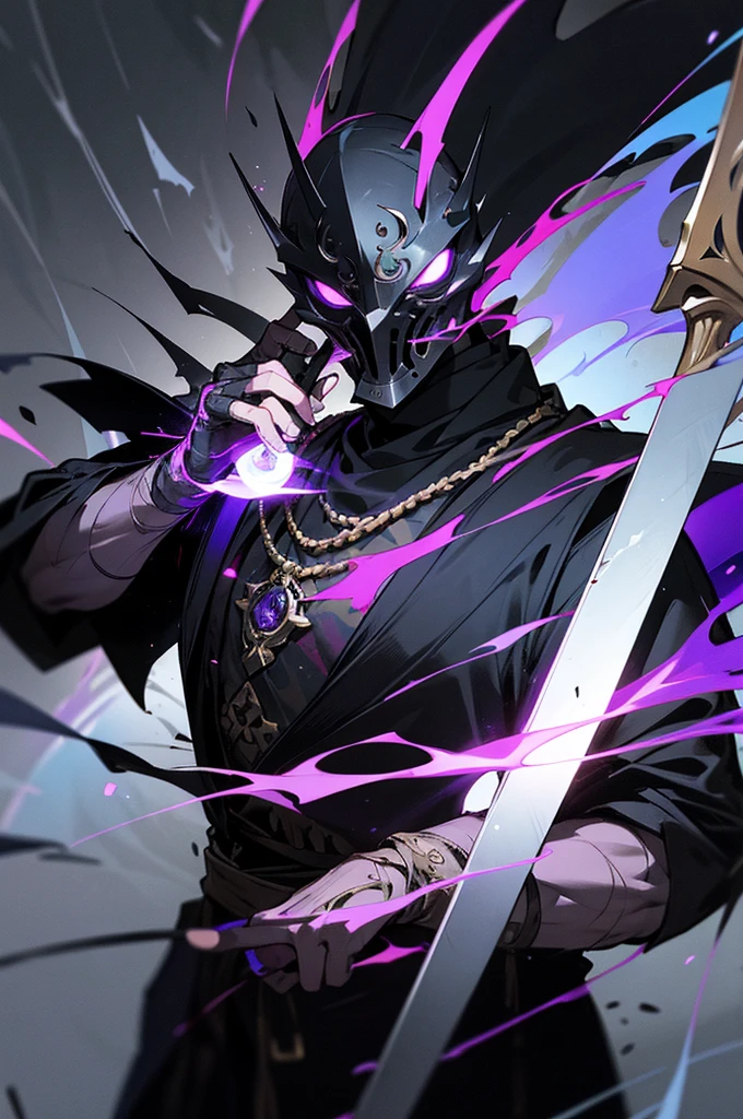 the character can have clothing made of materials that look worn and torn, while the mask can have a scary and mysterious design. The dark aura around him could be seen as black smoke or purple light emitting from his body. The staff or sword he holds can have a unique and powerful design, befitting the power of a Time Lord.