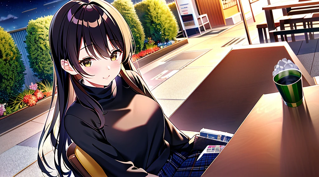 (masterpiece, highest quality, Extremely detailed CG, Beautiful fine details, Very detailed, Intricate details:1.2), 8k wallpaper, Elaborate features,
(1 person, alone:1.4)perfect live-action,(1 person, alone:1.4)
(Realistic texture:0.8), High resolution, cute, (Vibrant colors, Dynamic Lighting:1.0), (High Contrast:0.8),
College Girl 1、cute赤ちゃんの顔、Laughter、long clean hair、Black turtleneck sweater、Skirt、Stylish cafeteria、Outside the store(Near the entrance of the store)、Sitting in a chair、table、coffee、Half-read paperback book、Time is night、the weather is sunny、Stored in the back