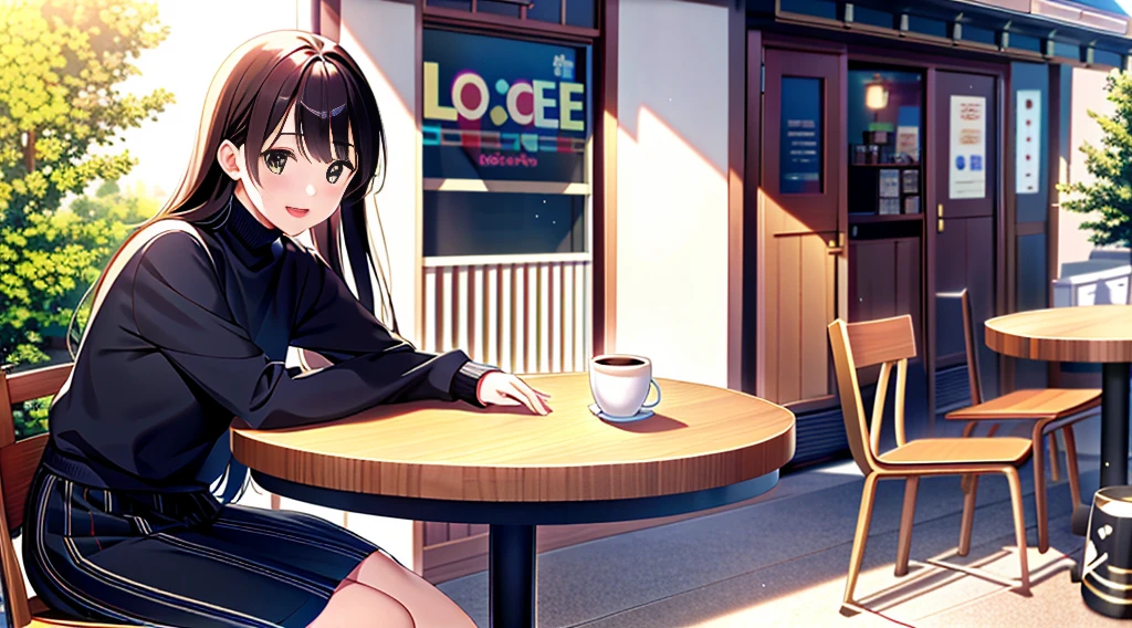 (masterpiece, highest quality, Extremely detailed CG, Beautiful fine details, Very detailed, Intricate details:1.2), 8k wallpaper, Elaborate features,
(1 person, alone:1.4)perfect live-action,(1 person, alone:1.4)
(Realistic texture:0.8), High resolution, cute, (Vibrant colors, Dynamic Lighting:1.0), (High Contrast:0.8),
College Girl 1、cute赤ちゃんの顔、Laughter、long clean hair、Black turtleneck sweater、Skirt、Stylish cafeteria、Outside the store(Near the entrance of the store)、Sitting in a chair、table、coffee、Half-read paperback book、Time is night、the weather is sunny、Stored in the back