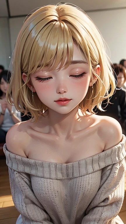 A light blush and a smile, (Masterpiece of the highest quality:1.2) Delicate illustrations, super detailed, /Beautiful Japanese Women、1 person,Very cute and slim、Outstanding style 、((8K images、super high quality))、Very delicate face, Skin and Hair、Red lipstick、short hair、straggling hair,(((((Gradient Hair、Blonde))))),Very cute Japanese cut face、Eyes and nose are clearly visible、Kind eyes,(((Off-the-shoulder sweater、Watching the audience)))、full body shot